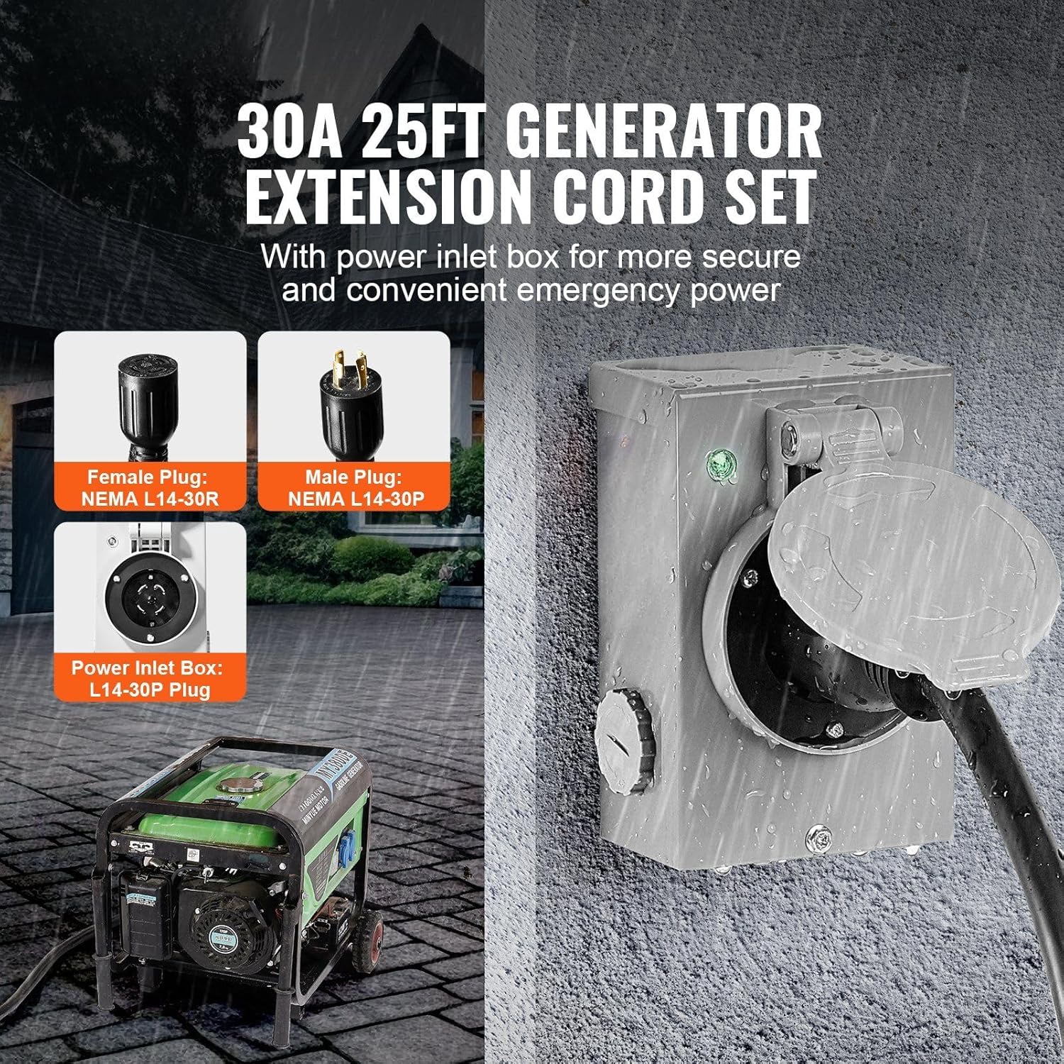 30 Amp Generator Cord and Power Inlet Box Kit, 25 FT, NEMA L14-30P/L14-30R STW 10 AWG Generator Power Extension Cord with Twist Lock Connector, Pre-Drilled Inlet Box for RV Outdoor, ETL Listed