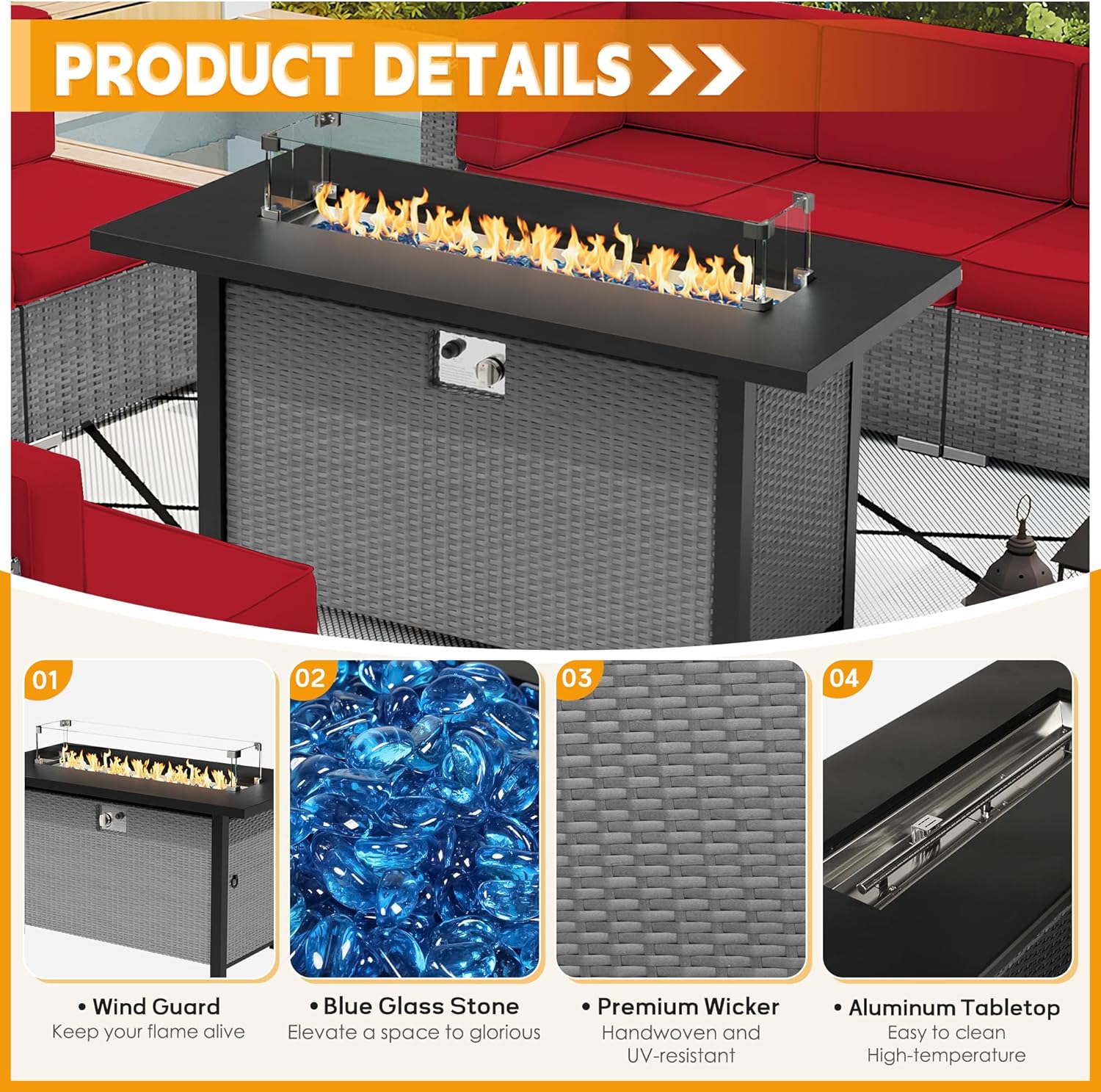 45 Inch Propane Fire Pit Table, 50,000 BTU Outdoor Rectangular Wicker Gas Fire Table with Firepit Lid, Steel Tabletop, Glass Wind Guard, Blue Glass Stone and Waterproof Cover, Grey