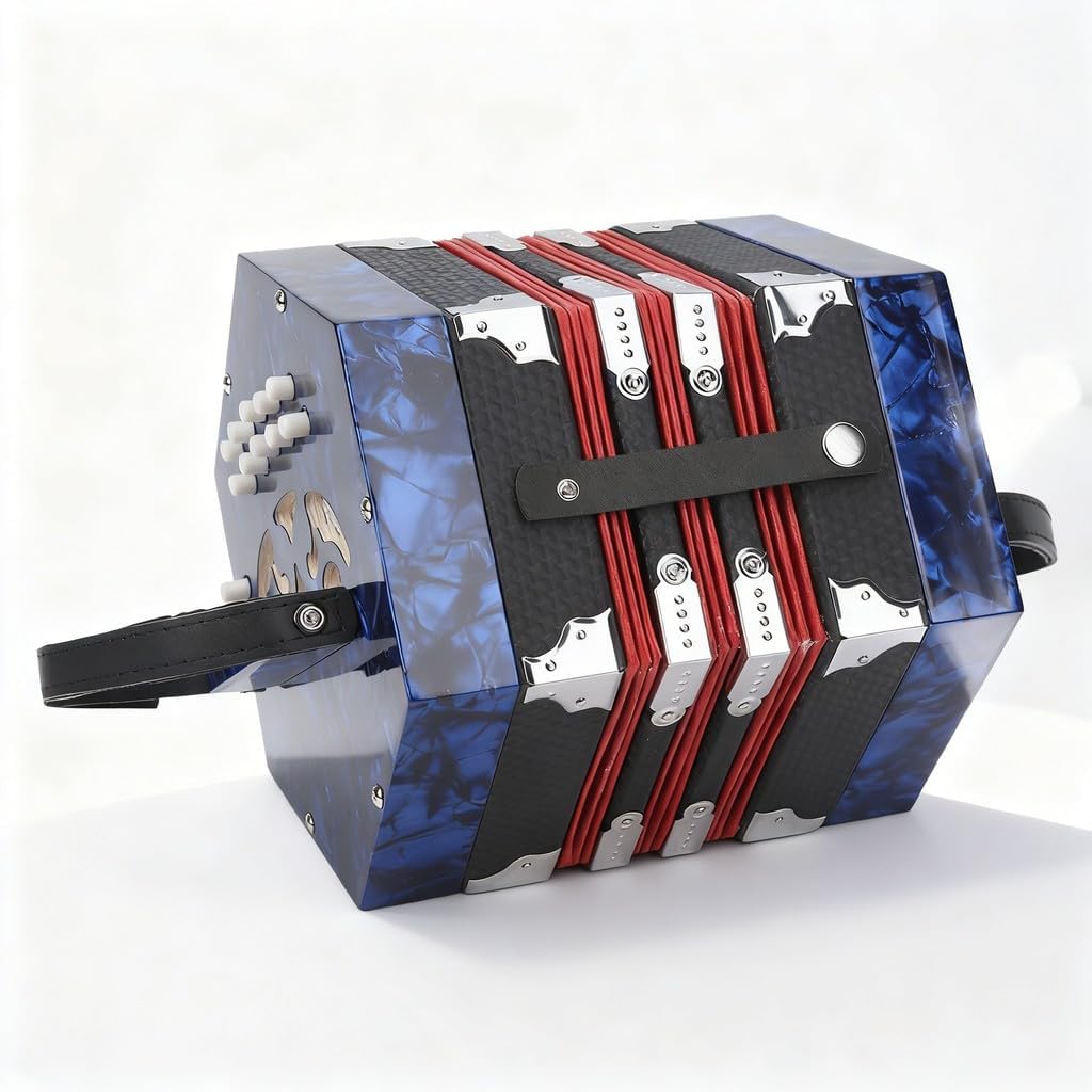 Concertina Accordion, Portable Professional Musical Instrument, Solid Wood Leather Celluloid, 18 x 17 x 17cm, 3 Colors - Adjustable Hand Strap, Beginner Friendly, Ideal for Adult (Jewel Blue)