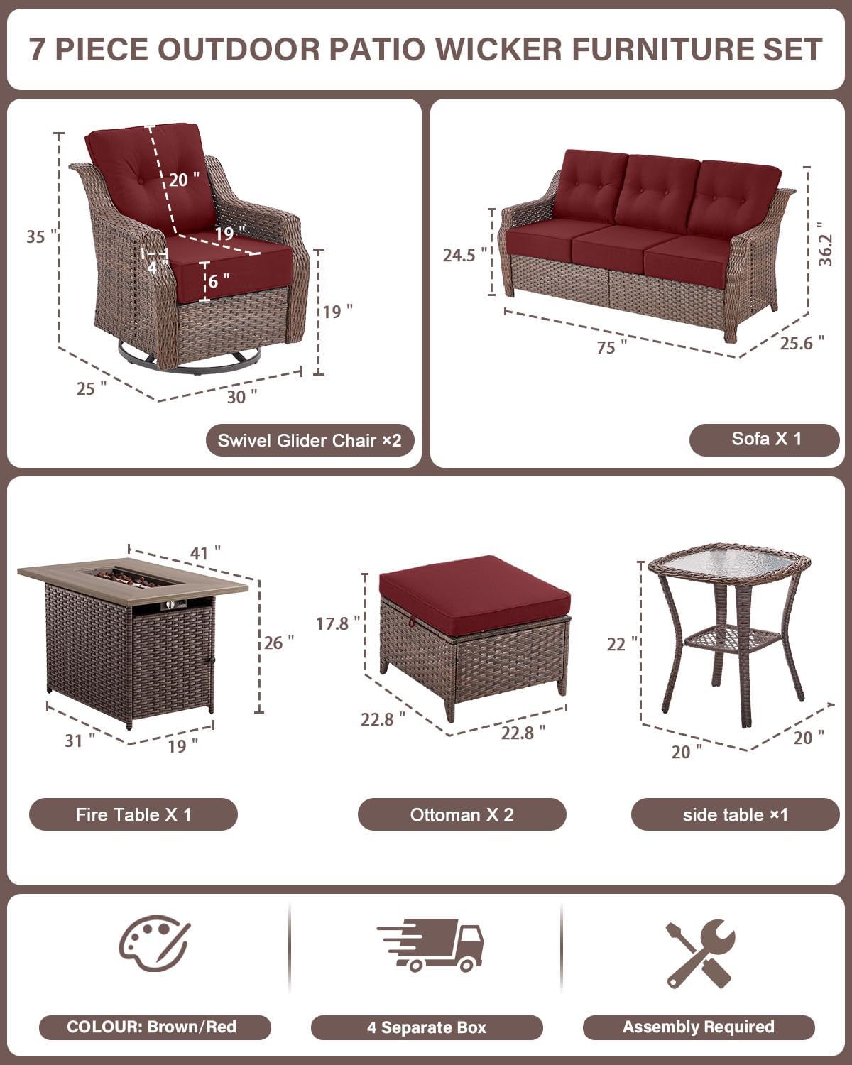 Belord Luxurious 7 Piece Patio Furniture Set with Fire Pit Table, High Back Swivel Rocker Glider Outdoor Chairs with 6