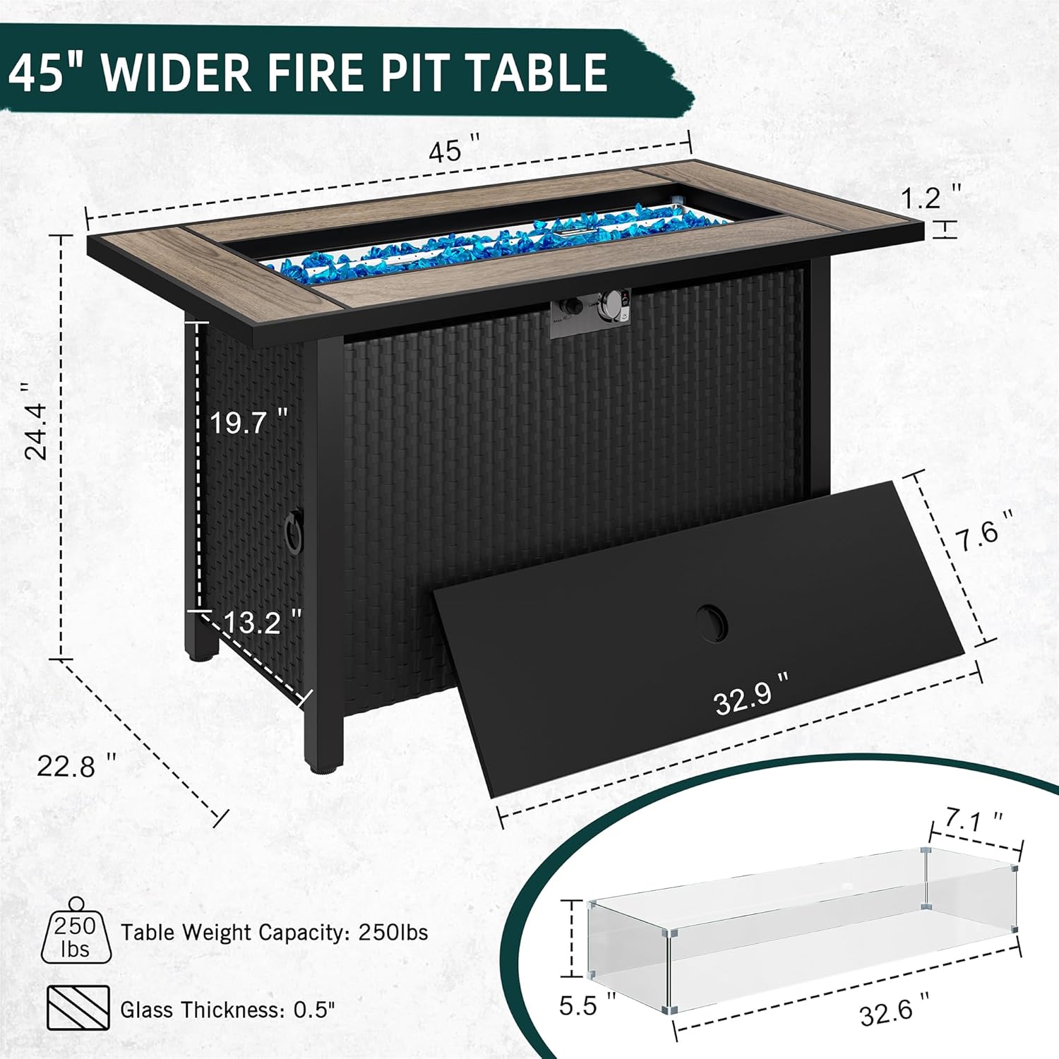 45 inch Gas Fire Pit Table, Patio Outdoor Propane Fire Pits with Removable Lid & Waterproof Cover, 50000 BTU with Lava Rock and Alumium Frame Tables for Patio Garden(Black)