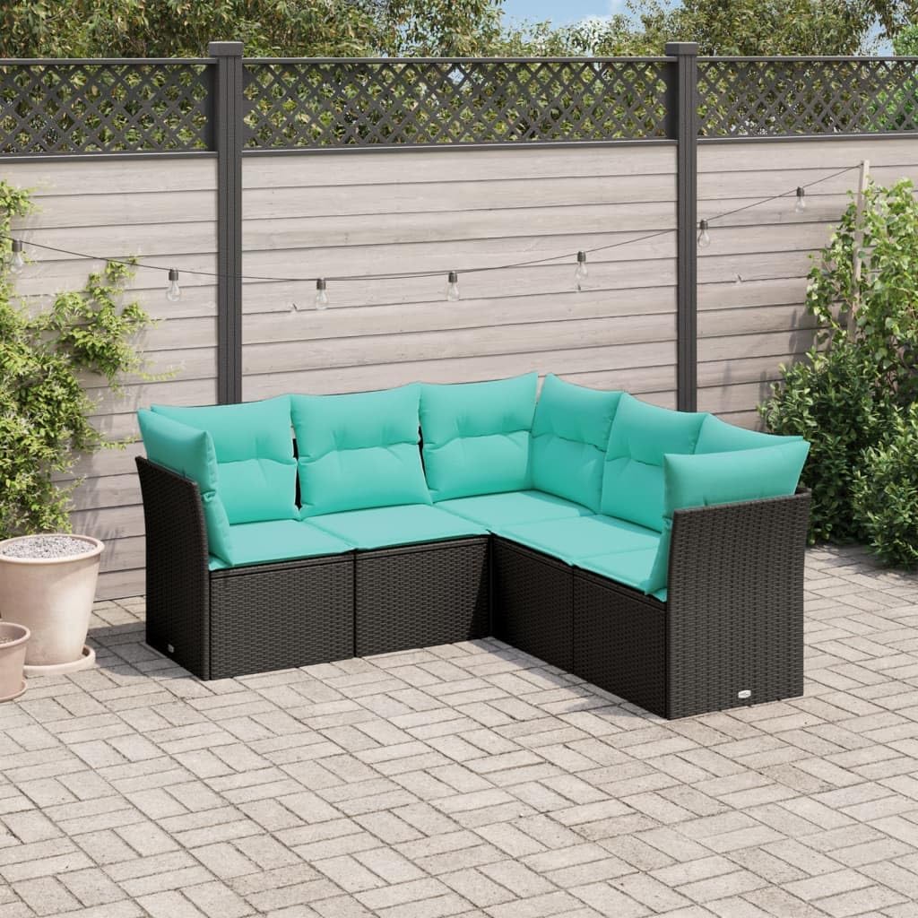 5 Piece Patio Sofa Set, Black Poly Rattan Outdoor Sectional Furniture with Cushions, Modular Garden Seating for Backyard Balcony