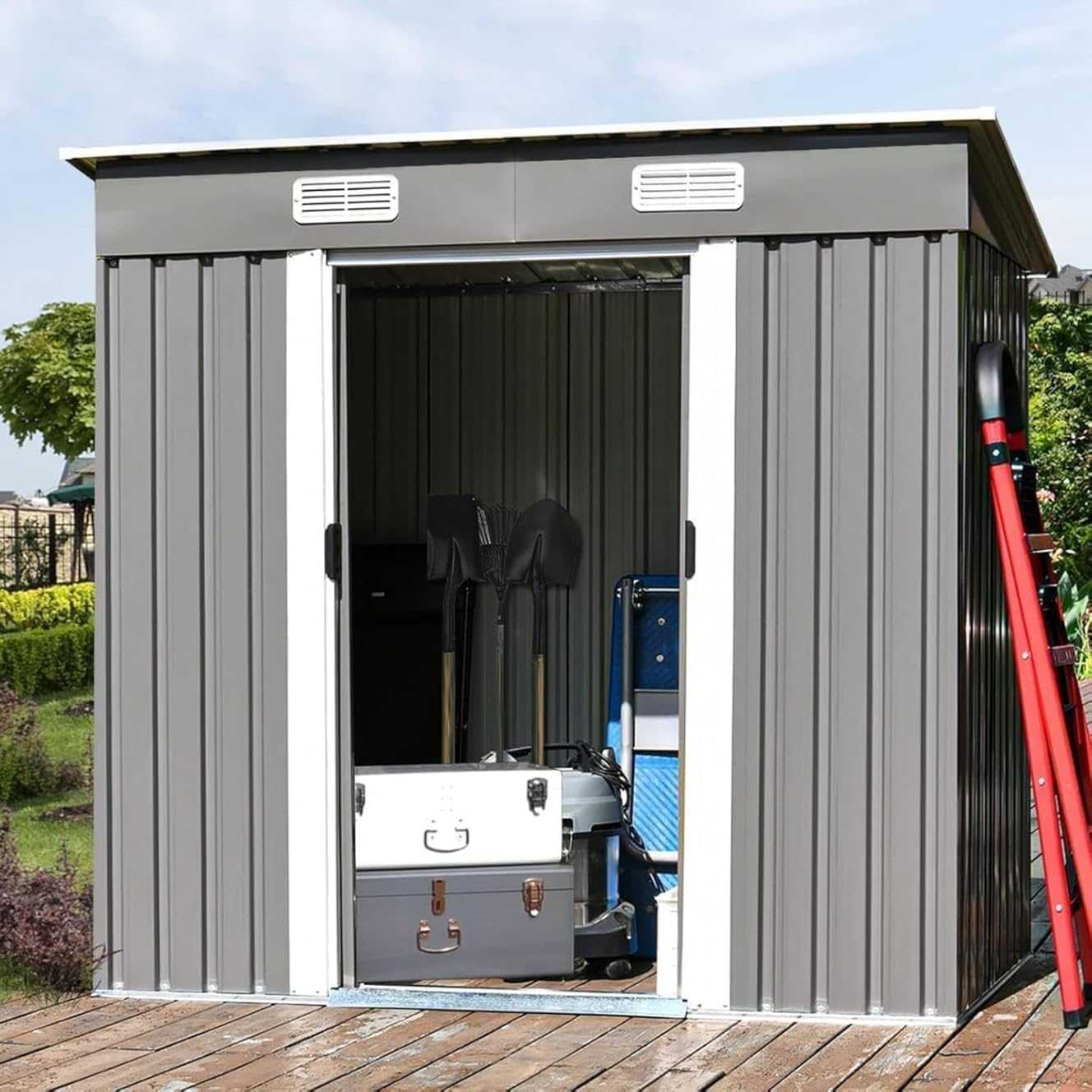 4ever2buy 6 x 4FT Outdoor Storage Shed with Sliding Door, Metal Garden Storage Shed for Bike, Small Tool Flat Shed for Backyard, Patio, Lawn