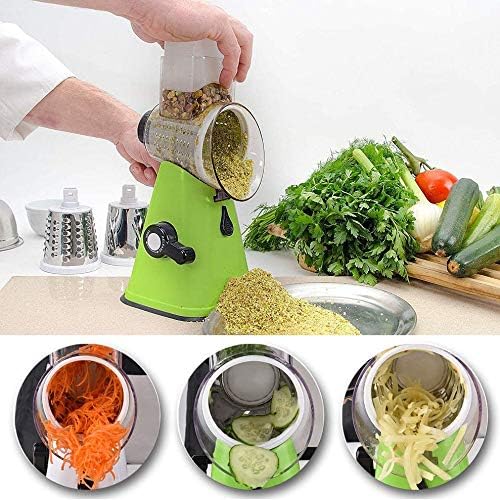 Cheese Grater Vegetable Slicer 3 in 1 - Fruit Cutter Machine Rotating Drum with 3 Stainless Steel Revolving Blades (Green)
