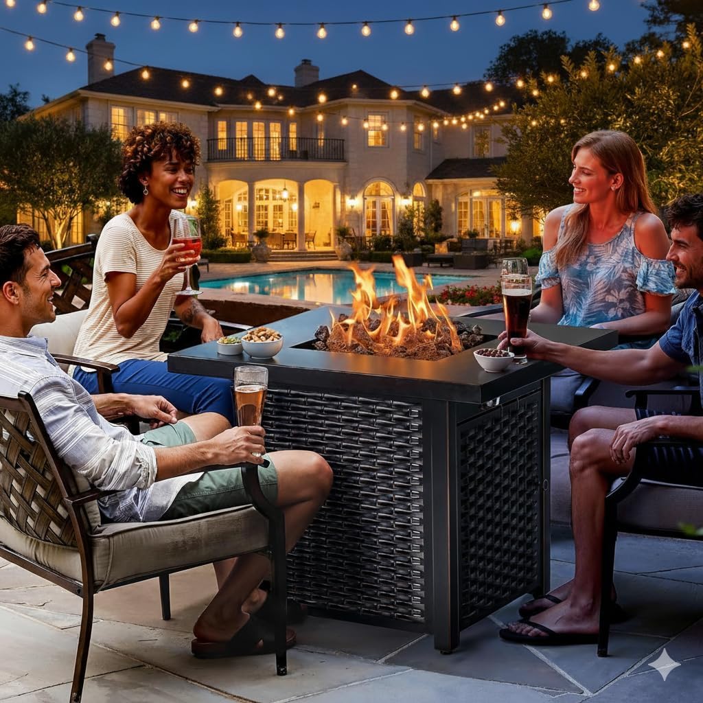 Ciays Propane Fire Pits 28 Inch Outdoor Gas Fire Pit, 50,000 BTU Steel Fire Table with Lid and Lava Rock, Add Warmth and Ambience to Gatherings and Parties On Patio Deck Garden Backyard