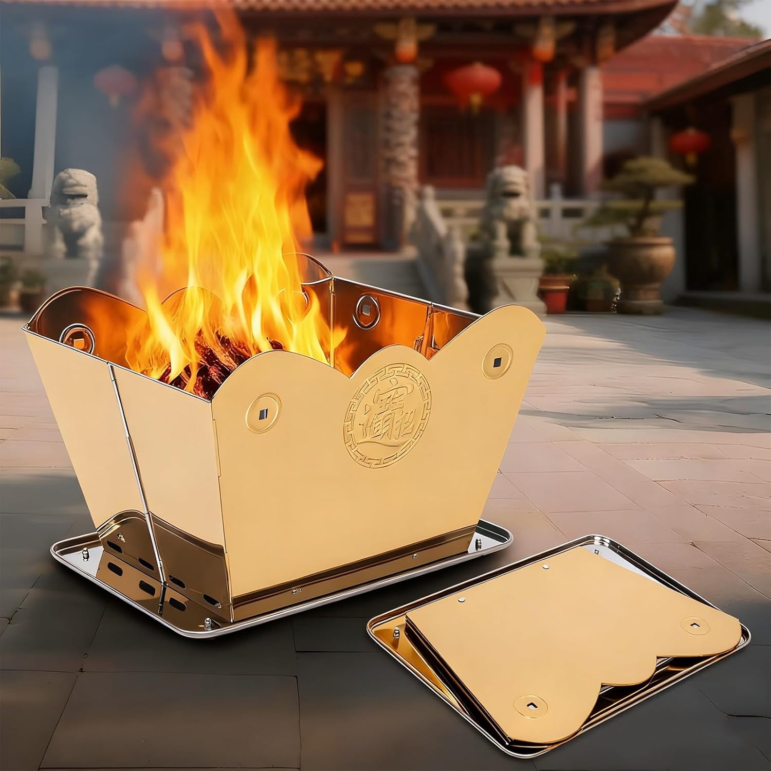 Burn Barrels for Outside for Burning Trash, Fire Pit, Foldable Metal Barrel for Ancestor Money Waste Garden Leaf Wood(Gold,Large)