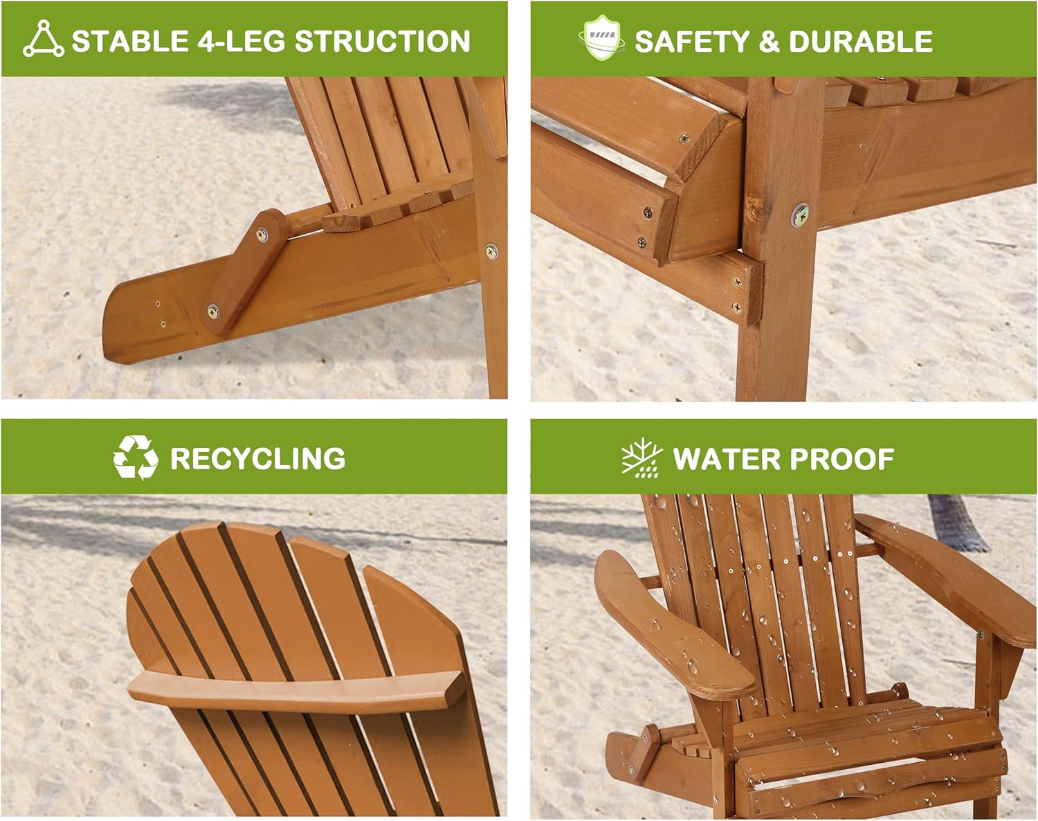 Adirondack Outdoor Chairs, Ergonomic Fire Pit Chairs, Folding Adirondack Chairs in Outdoor, Fire Pit, Deck, Outside, Garden, Campfire（Natural）