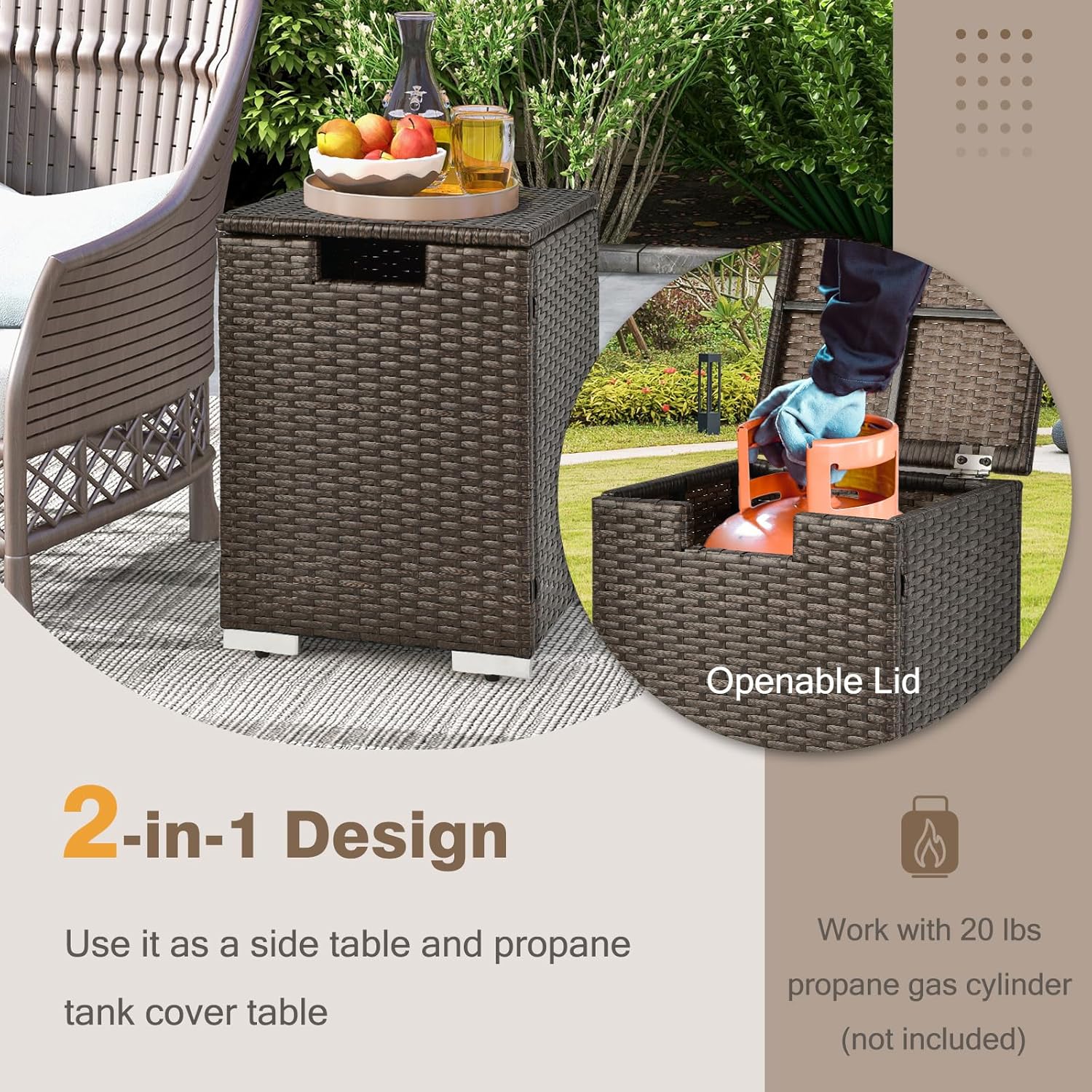Tangkula Outdoor Propane Tank Cover Table, Patiojoy Wicker Hideaway for Gas Fire Pits, 20 lbs Tank Storage Box, Outdoor Side Table & Holder (Mix Brown)