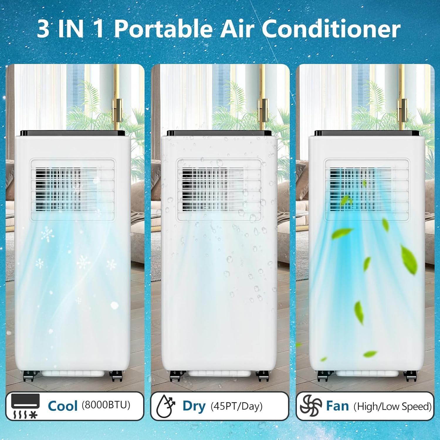Portable Air Conditioner, 8000 BTU Freestanding Air Conditioner with Cool, 3-In-1 Cooling AC Unit with Fan & Dehumidifier, Air Conditioner Remote Control & Sleep Mode for Home, Office, Bedroom
