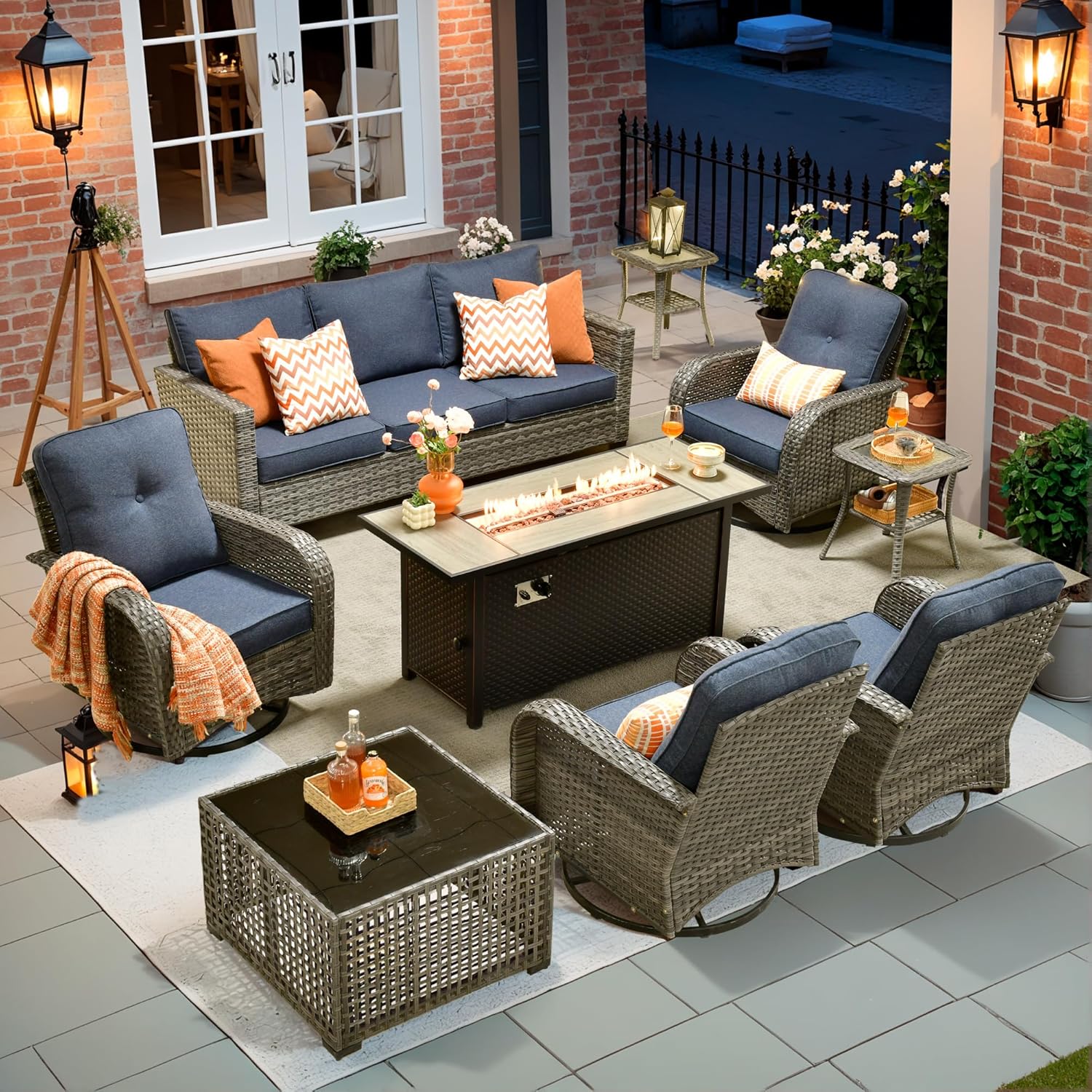 9 Pieces Patio Outdoor Furniture Set with Swivel Rocking Chairs & Fire Pit Table,Patio Seating Outside Sofa and Chairs Set Patio Conversation Set for Balcony Porch Deck Poolside Yard,Blue