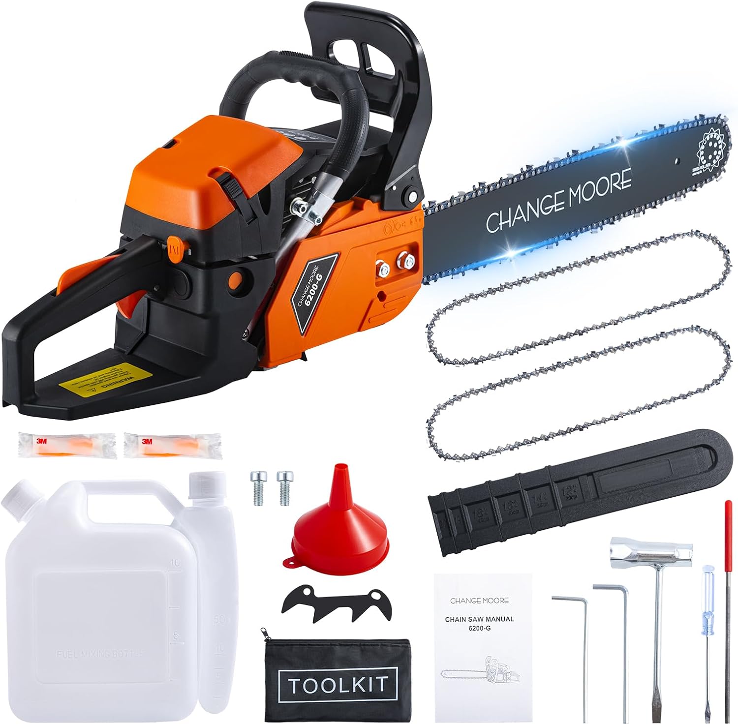 CHANGE MOORE 20Inch 62CC Gas Powered Chainsaw with 2Pcs Chainsaw Chain, 550 ml Fuel 260 ml Oil Tanks, 2-Cycle Engine, Automatic Chain Oiler Petrol Gasoline Chainsaws for Wood Cutting and Tree Pruning