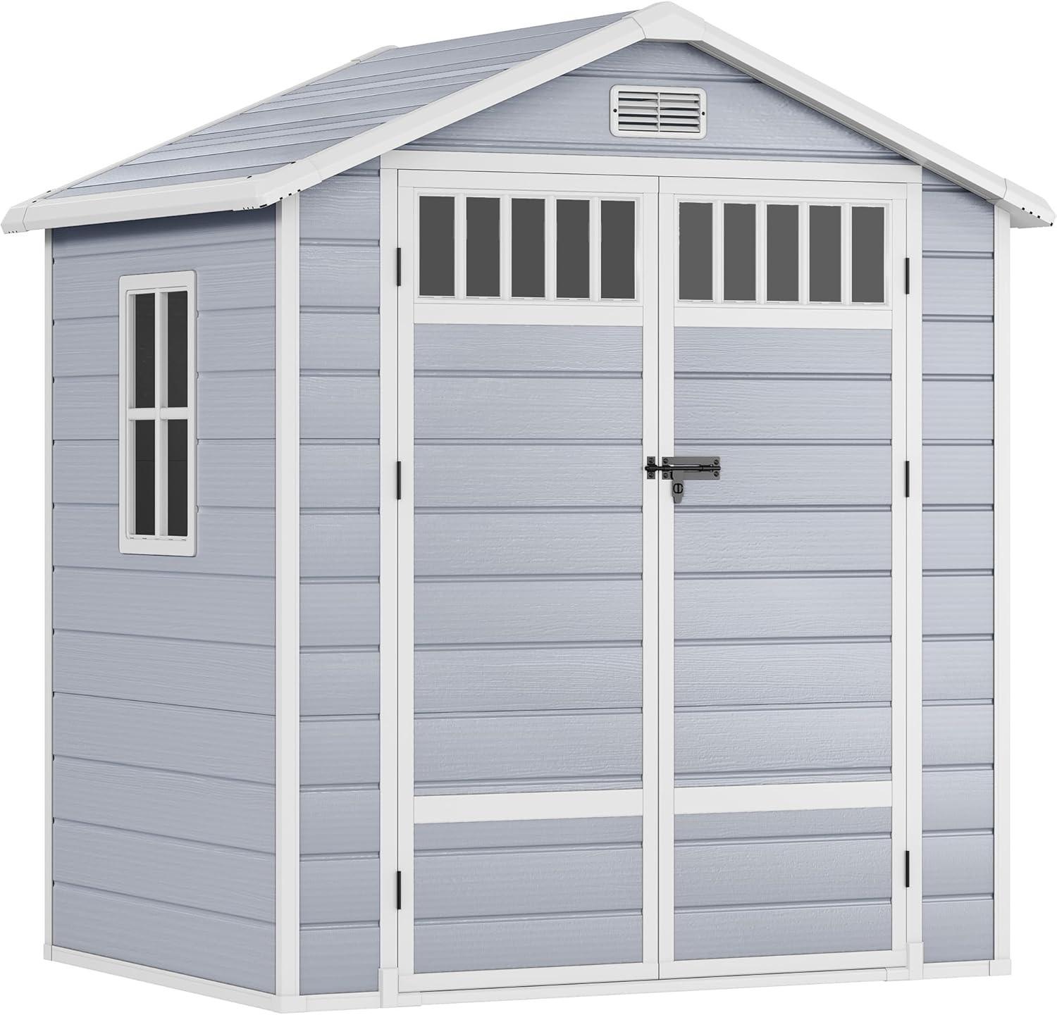 DWVO 6x4.4 FT Resin Storage Shed with Fence-Style and Side Windows, Lockable Door, and Vents for Garden, Backyard, Patio, Lawn, Gray