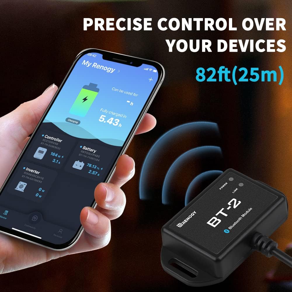 Rover Lite 60A MPPT Solar Charge Controller + BT-2 Smart Monitor Bundle-12V/24V/48V 150V Input, Auto Lithium/AGM/Gel, Bluetooth App Control for RV Marine Off-Grid Solar Kits