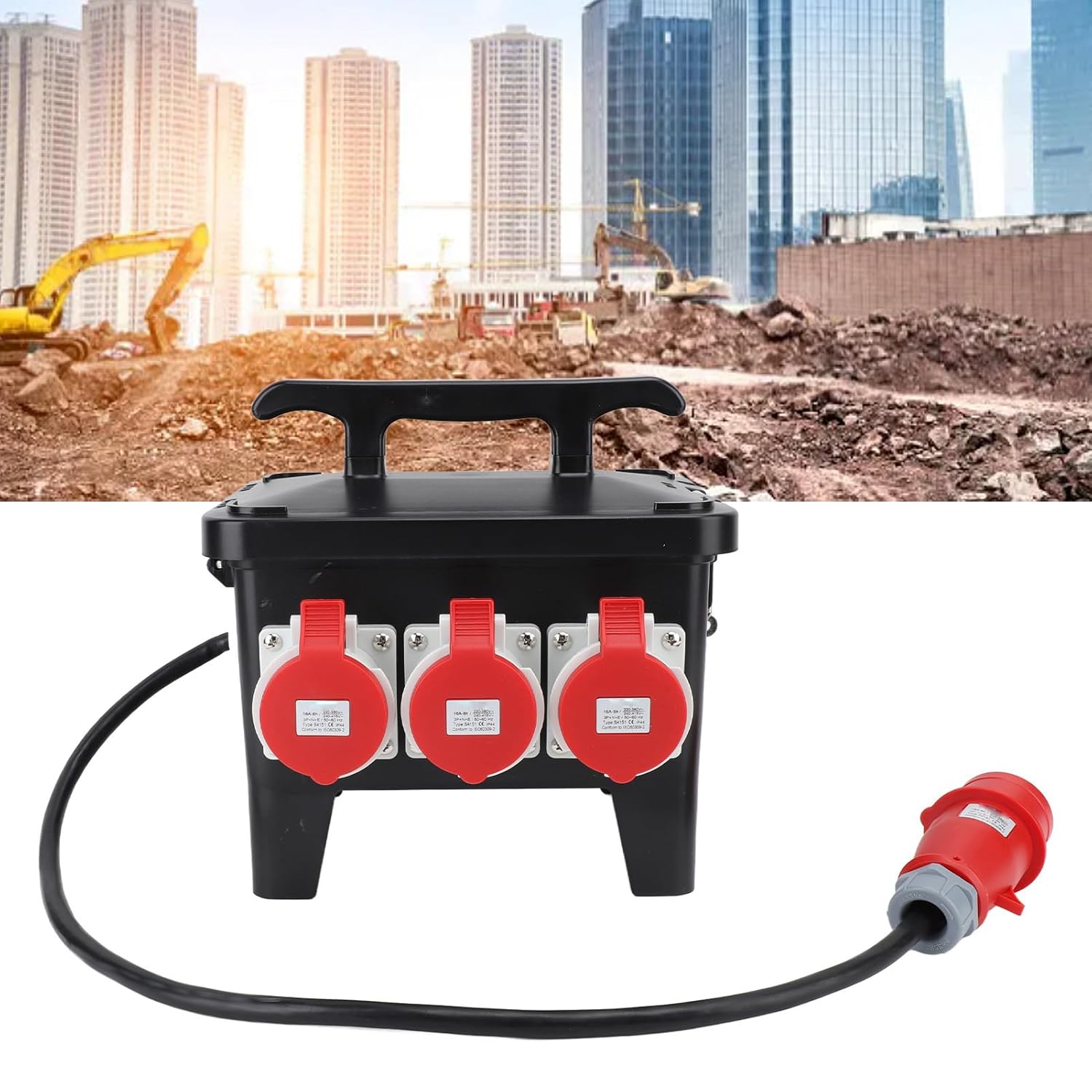 Fockety Power Distribution Box, Compact Electrical Box with Cable & Handle, IP65 Enclosure, IP44 Socket, Portable Power Center for Jobsite, Generator, RV, Outdoor Use