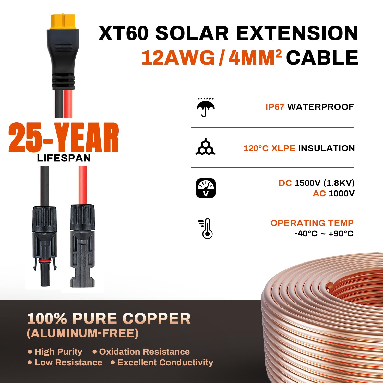 XT60 Charge Extension Cable 100Ft 12AWG or 2/6/10/20/25/35/50/100Ft 4mm²/12AWG Solar Connector to XT60 Cable for Portable Power Station, LiFePO4 Battery, RV and Solar Generator