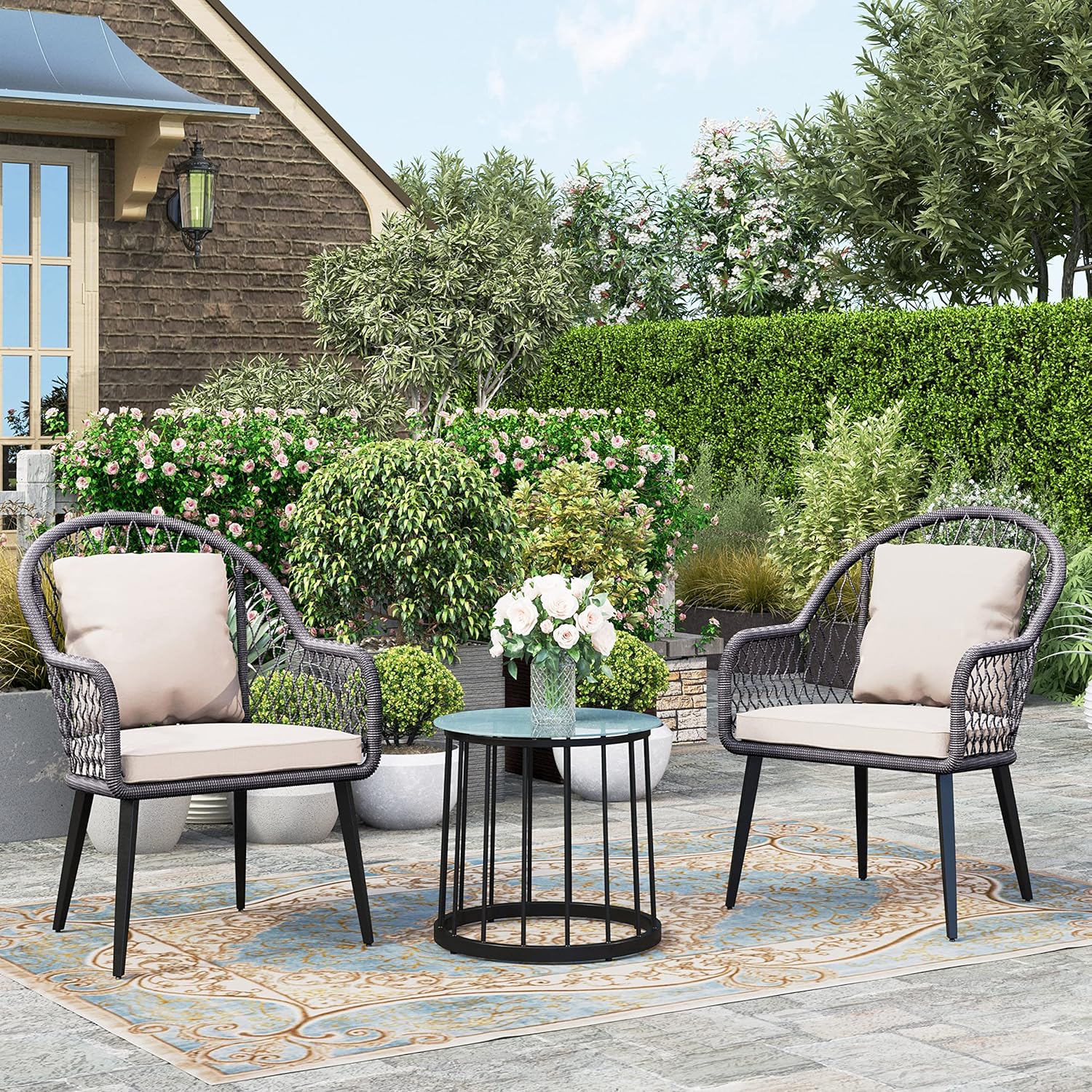 HERA'S HOUSE 3 Pieces Patio Bistro Set, Outdoor Cushioned Chairs with Tempered Glass Top Coffee Table, Luxury Rattan Conversation Furniture Set for Backyard, Balcony