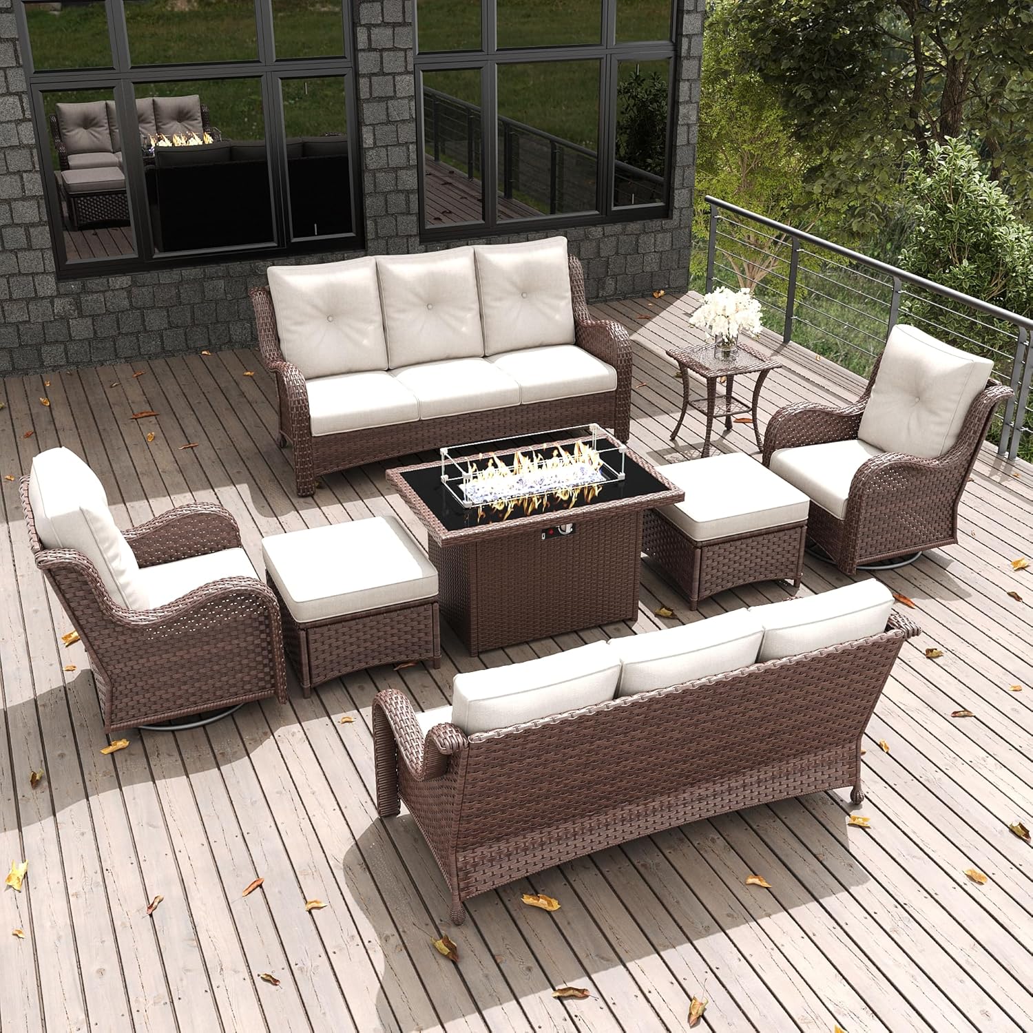 LayinSun 8 Pieces Outdoor Patio Furniture Set with Fire Pit Table, Rattan Wicker Sectional Swivel Rocker Chairs Sets with Ottomans, Swivel Glider Chair and Coffee Table