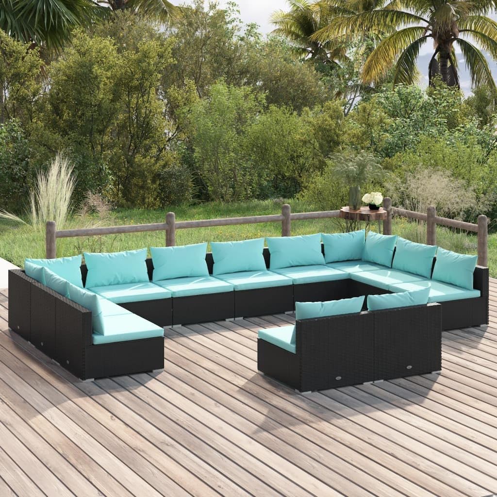 12 Piece Patio Lounge Set with Cushions Black Poly Rattan,Versatile Modular Patio Lounge Set: Comfort and Durability for Your Outdoor Oasis Patio Furniture Sets, Outdoor Furniture Sets