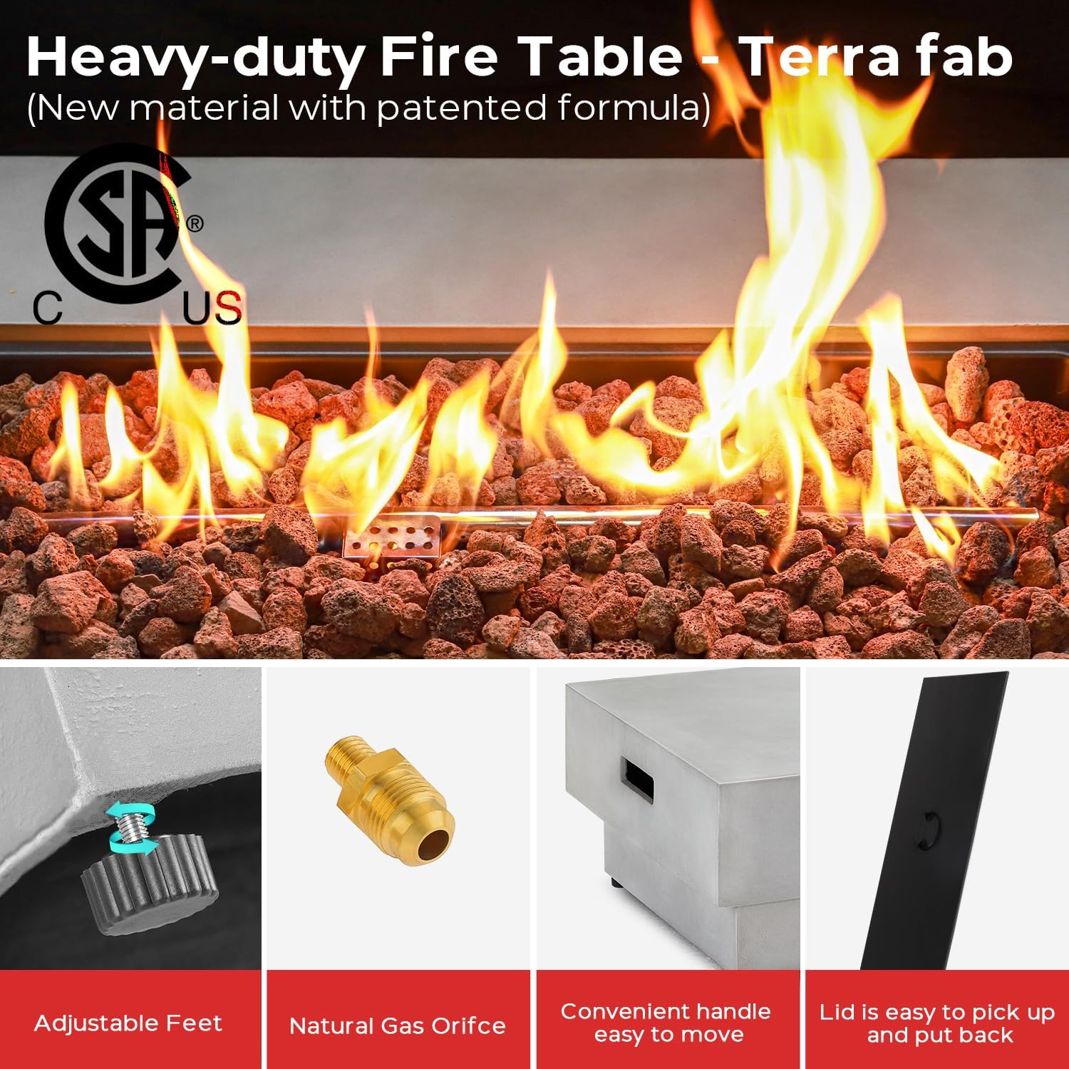 60 Inch Outdoor Propane Fire Pit Table w/Tank Cover Table Wind Guard, Natural Gas Firepit Table for Outside Patio, 50,000 BTU Rectangular Concrete Fire Table