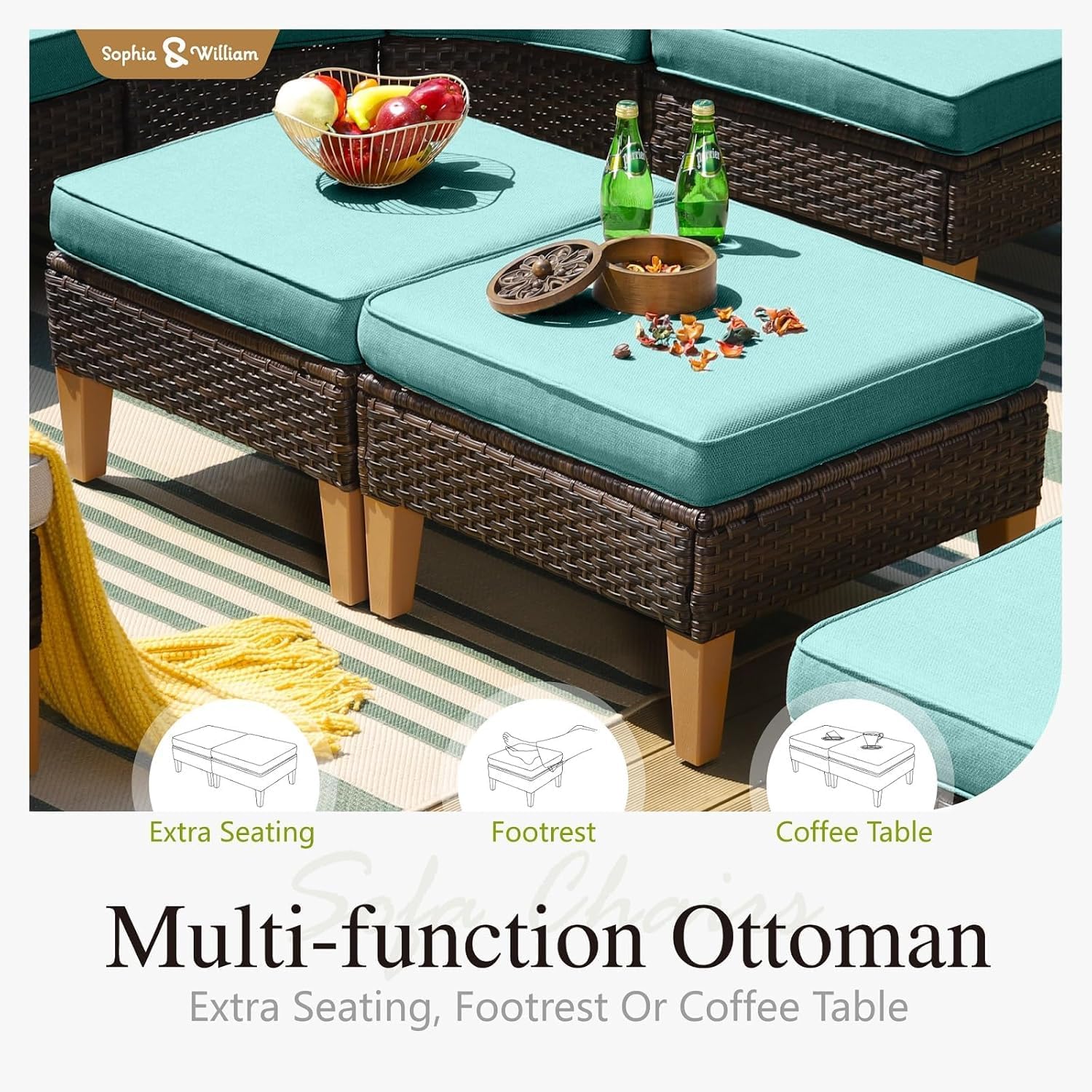 Sophia & William Patio Furniture Set with Fire Pit Table, 8 Piece Outdoor Wicker Furniture Sectional Sofa, Large Patio Rattan Conversation Set with Ottoman & 56