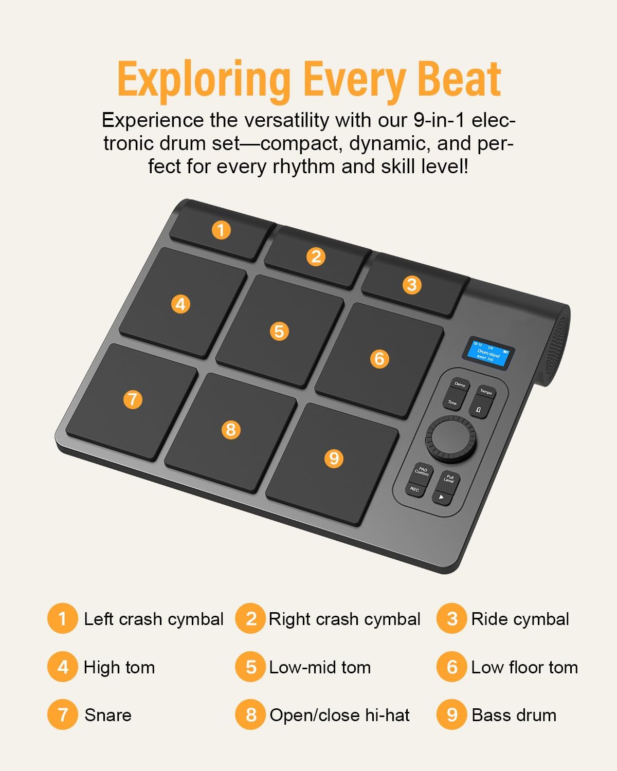 9 Pads Electronic Drum Pad, Electronic Tabletop Drum Set, Portable Digital Drum Kit with Velocity Sensitivity, LED Drum Pad Lights, MIDI Mac & PC Support, Ideal Gift for Beginners