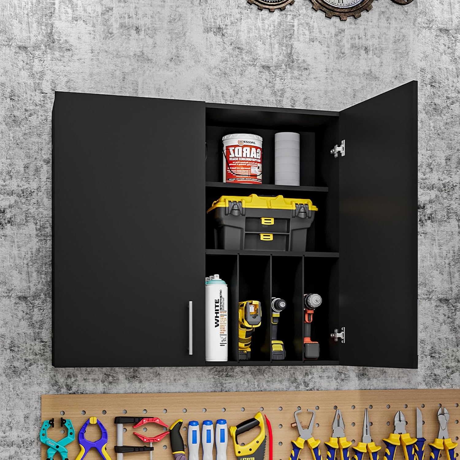 Modern Garage Cabinet Wall Mount, 35 Inch Wooden Wall Storage Cabinet, Double Door Tool Cabinet with Removable Partitions, Adjustable Shelves, Soft Close Doors, for Garage & Laundry Room, Black