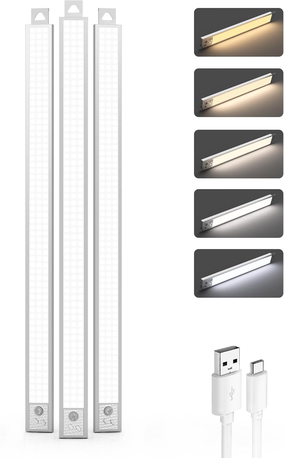 24 Inch Under Cabinet Lighting, 3Pack 5CCT Dimmable Closet Lights, Motion Sensor LED Lights of Battery Operated, Rechargeable Under Counter Light for Kitchen, Stairs, Bedroom, Wardrobe