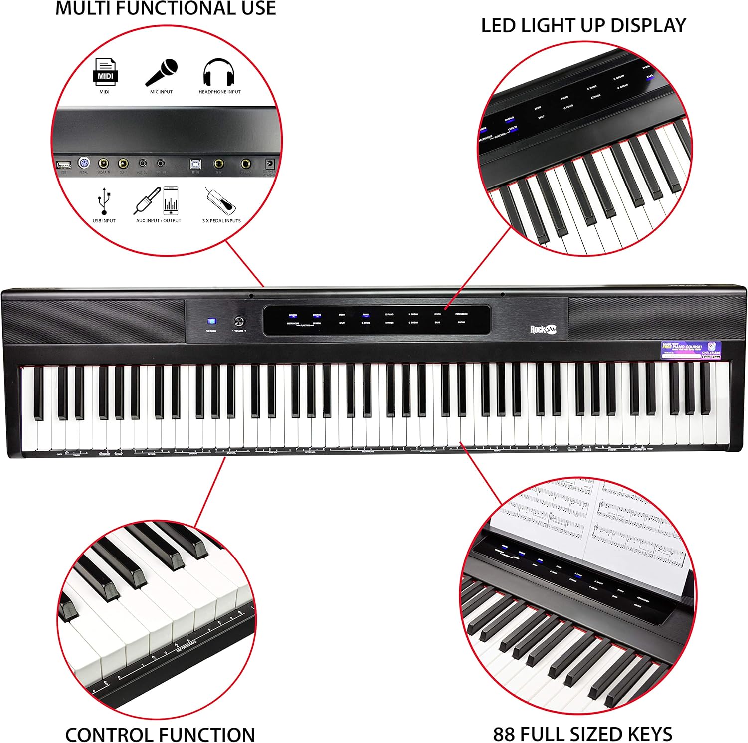 RockJam 88-Key Digital Piano with Semi-Weighted Keys, Lessons & Keynote Stickers.