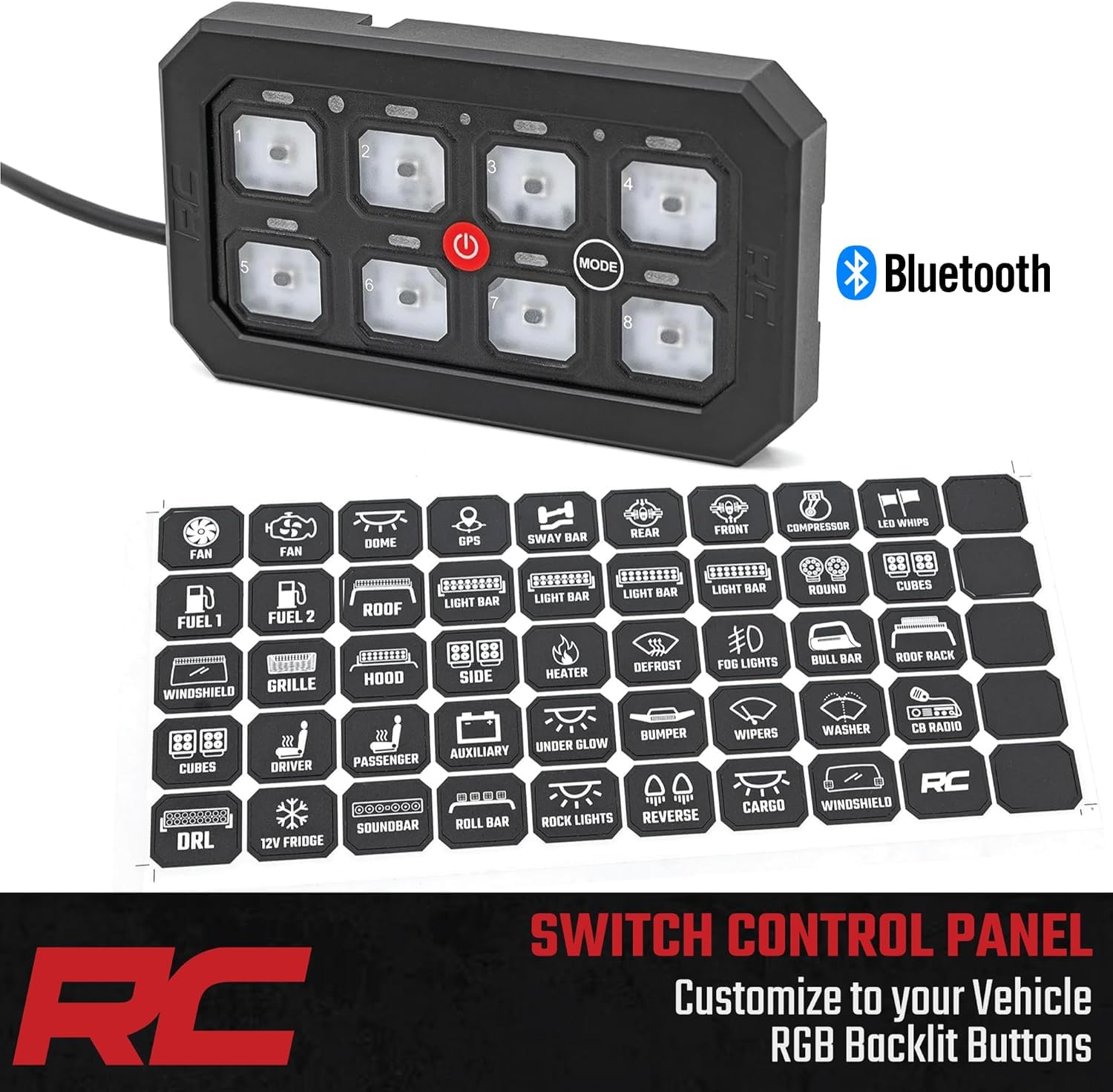 Rough Country 8-Gang Bluetooth RGB Backlit Switch Panel & Relay System - Universal Light & Off-Road Accessory Controller for Truck, Jeeps, UTV, 60A