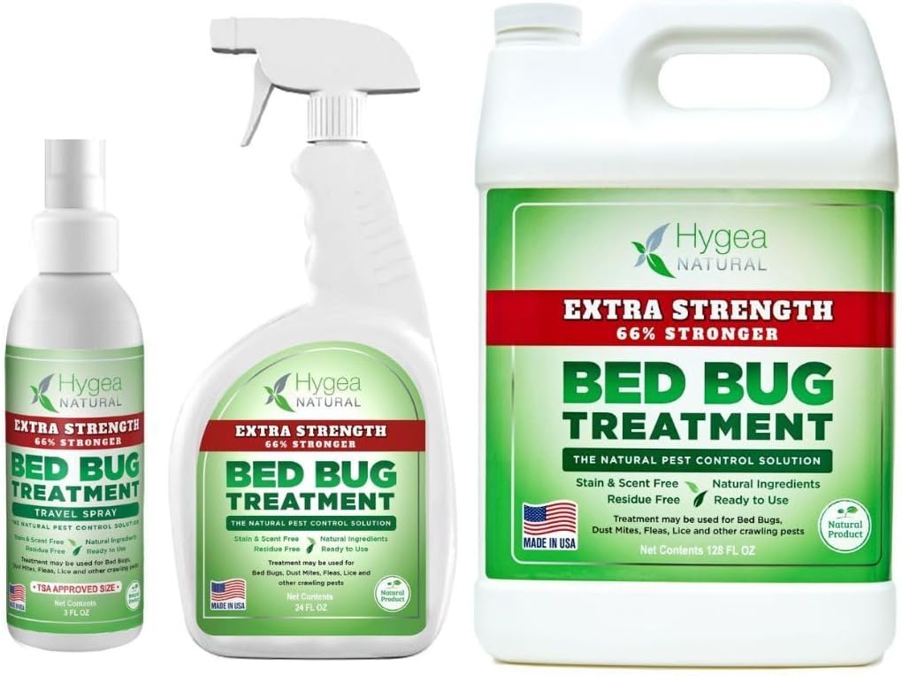 Hygea Natural Extra Strength Bed Bug Kit 3oz Travel Spray & 24oz Spray + Bed Bug Extra Strength Refill 128oz Bundle - Stain & Scent Free Treatment - Pet and Child Friendly