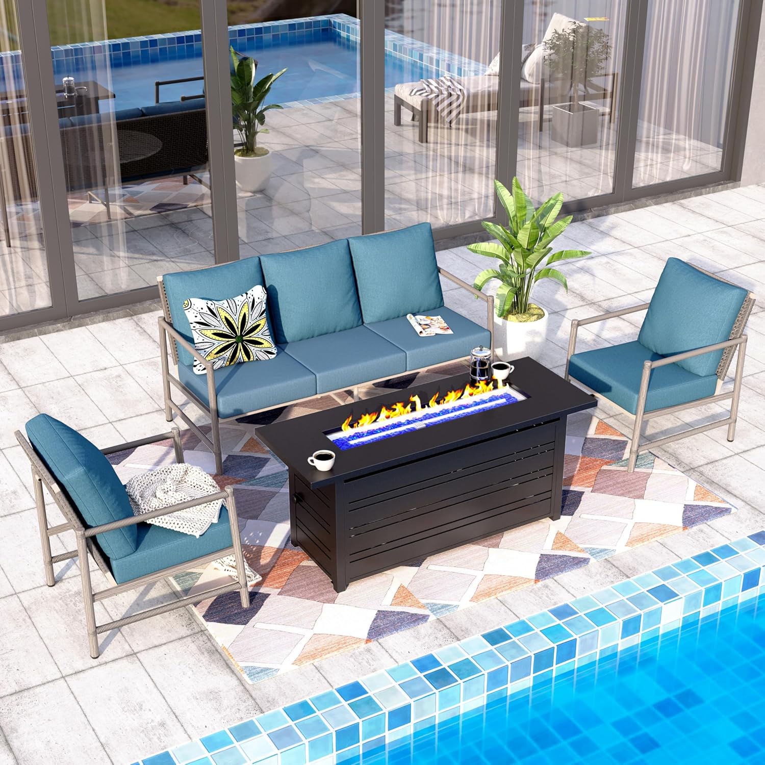 Sophia & William 4-Piece Outdoor Wicker Patio Conversation Set, 3-Seat Sofa, 2 Fixed Sofa Chairs, 1 Fire Pit Table, All-Weather Rattan Patio Furniture for Garden