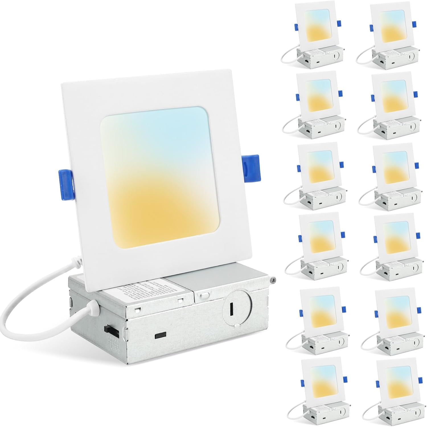 HONZIN 12 Pack 4 Inch Square Recessed Lighting, 5CCT Ultra Thin Square Recessed LED Downlight with Junction Box, 2700K/3000K/3500K/4000K/5000K Selectable, Dimmable,12W, Canless IC Rated, White Trim