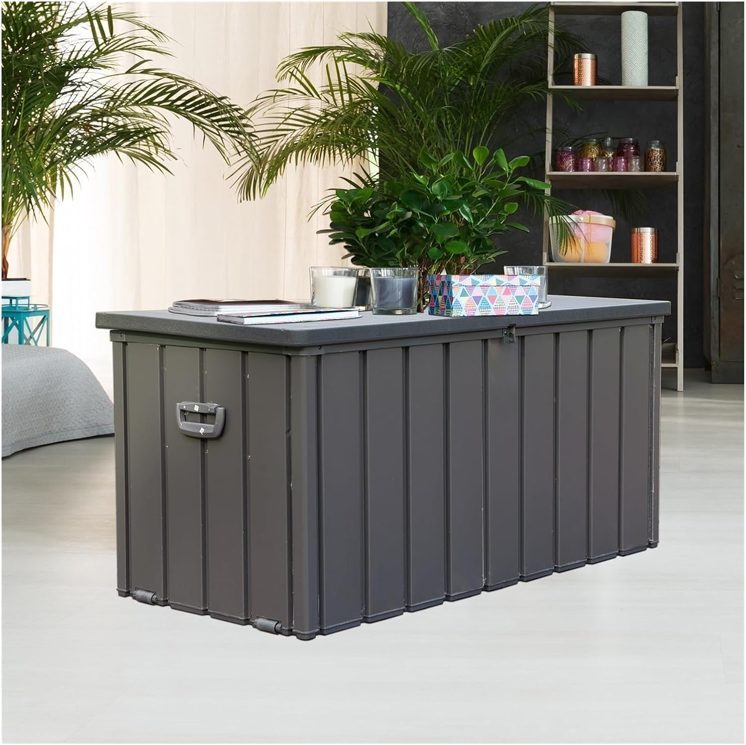 100 Gallon Large Outdoor Deck Boxes with Wheels,Outdoor Storage Deck Box, Large Patio Storage Bin for Outside Cushions, Throw Pillows, Garden Tools, Lockable (Dark Gray)