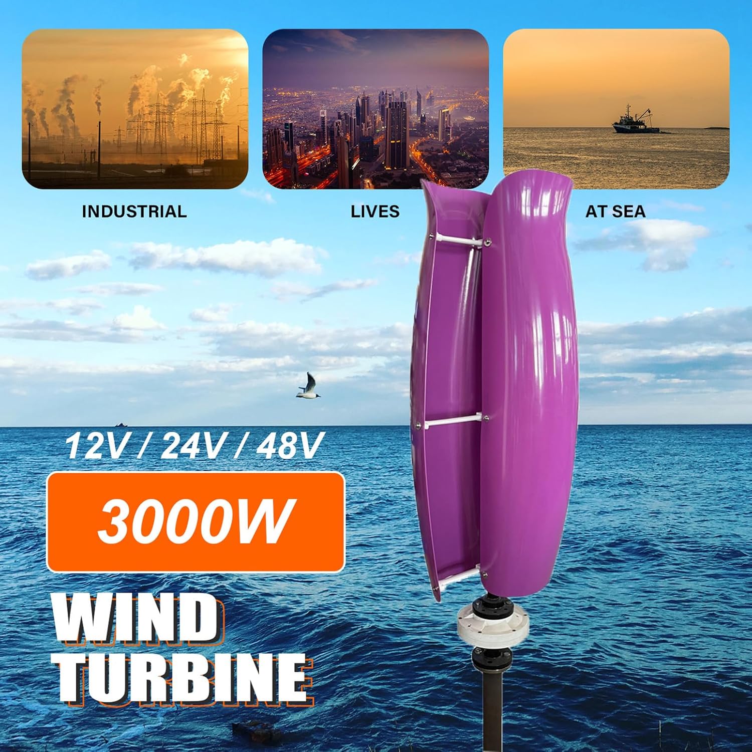 3KW Vertical Axis Wind Turbine Generator Maglev Generator 12V / 24V / 48V Wind Turbine Generator Power Kit with MPPT Controller and 2 Fiberglass Blades for Highway, Home, Boat,Purple,3000W24V