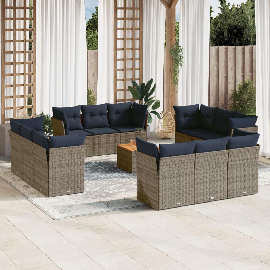 13 Piece Patio Sofa Set, Gray Poly Rattan Outdoor Furniture with Cushions, Acacia Top Table, UV-Proof for Garden, Balcony