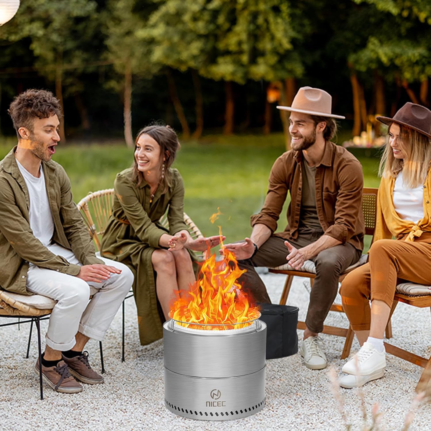 Nice C Fire Pits, 19.1 Inch Smokeless Fire Pits, Portable Fire Pit, Outdoor Fire Pit, Tabletop Fire Pit, Wood Buring Fireplaces, Stainless Steel, with Grill Grate, Removable Ash Tray & Carry Bag
