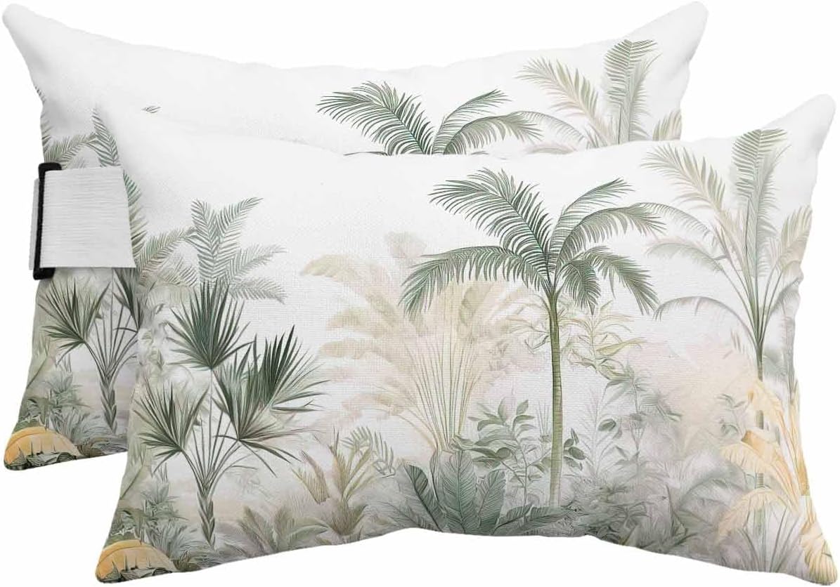 Outdoor Pillow for Chaise Lounge Chair Tropical Forest Waterproof Lumbar Pillow with Insert Monstera Palm Tree Headrest Pillow with Adjustable Elastic Stripe for Recliner Beach Garden Patio 12x20 Inch