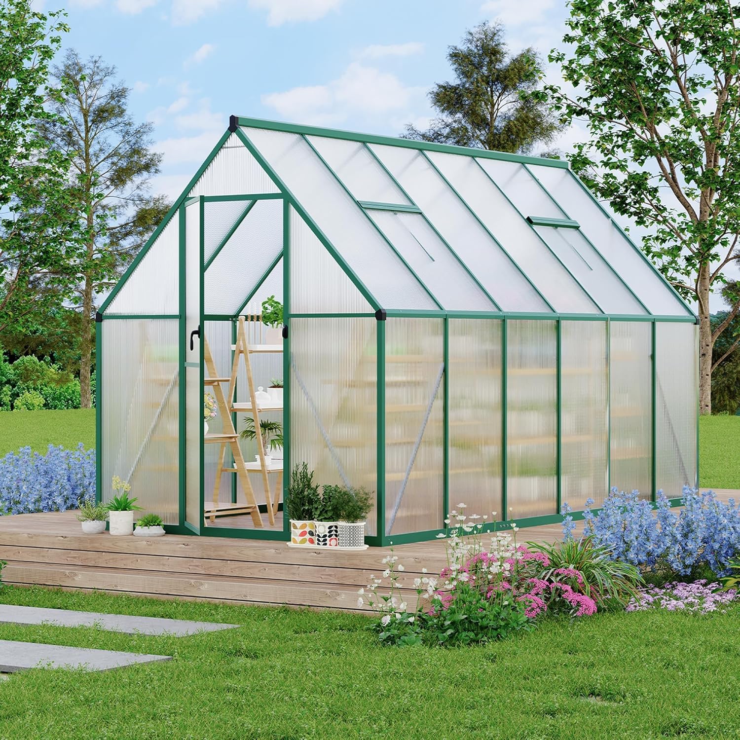 6x11 FT Walk-in Greenhouse for Outdoor,Large Aluminum Polycarbonate Greenhouses with Roof Vent and Lockable Door for Sunroom Patio, Backyard, Garden,Green