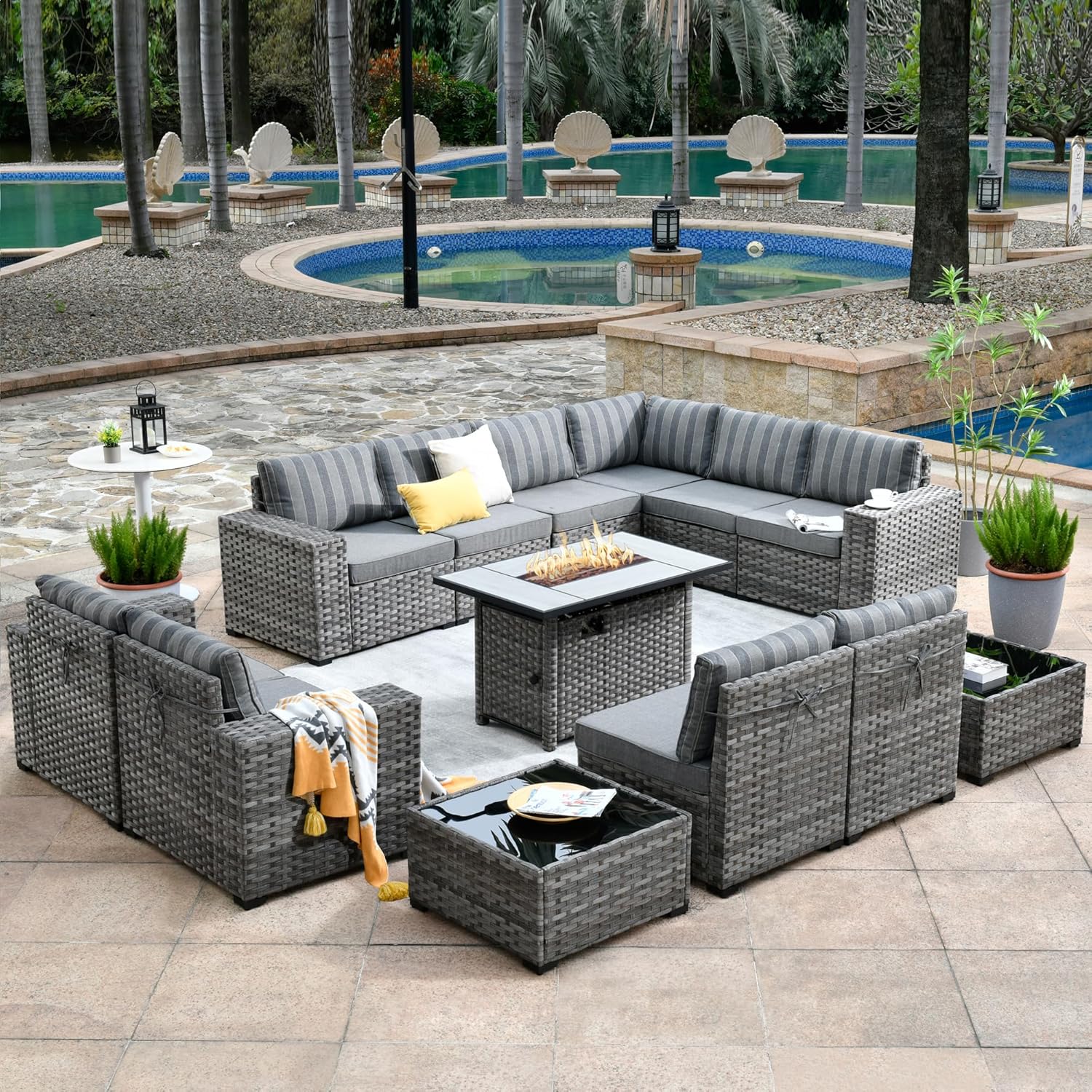 HOOOWOOO Outdoor Patio Sectional Furniture Sofa Set with Propane Fire Pit Table,13 Piece Large Modern Wicker Couch with Widened Armrest,Modular L Shaped Conversation Seating Set(Grey Strip)