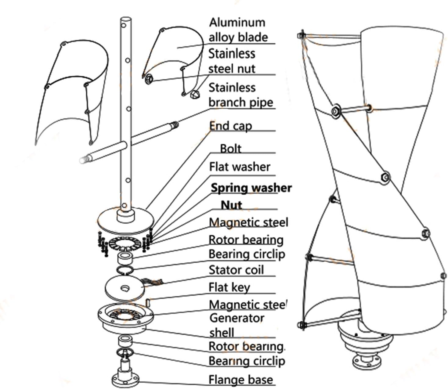 6000W High Efficiency Spiral Wind Turbine Generator, with Controller 12V 2 Blades Aluminum Alloy Wind Turbine for Home Farm Street Use