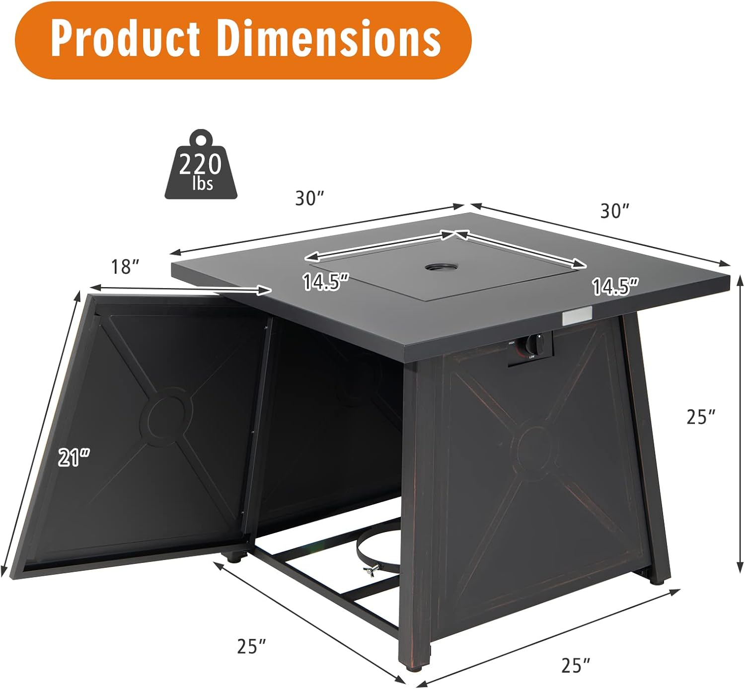 Tangkula 30 Inch Propane Gas Fire Table, Patiojoy 50,000 BTU Outdoor Square Fire Pit Table with Stainless Steel Burner, Solid Steel Frame, PVC Cover & Lava Rocks Included (Black)