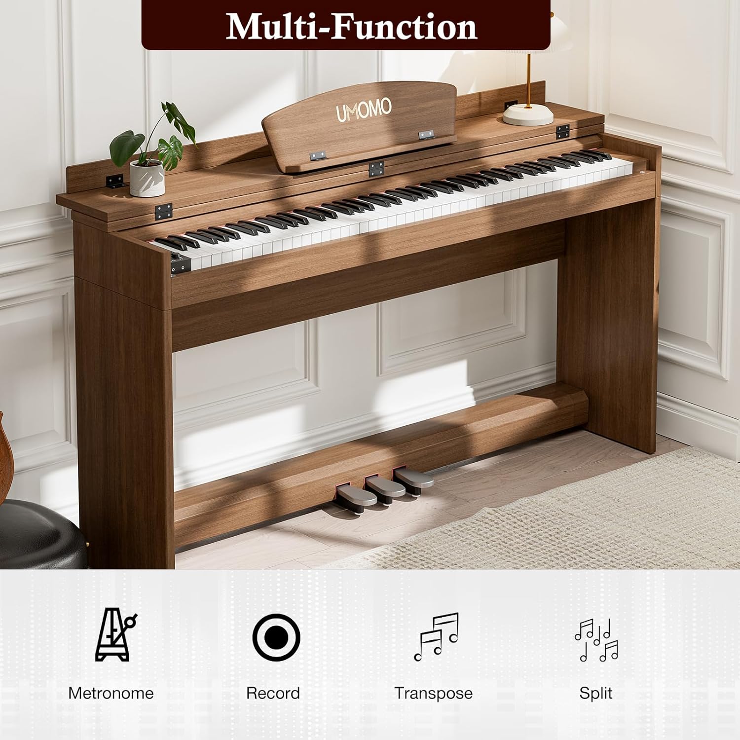 UMOMO U-710 88 Key Digital Piano Keyboard, Full Size Electric Piano with Piano Stand, Headphone Jack, 3 Pedal, Electronic Piano for Beginner, Adults, Walnut