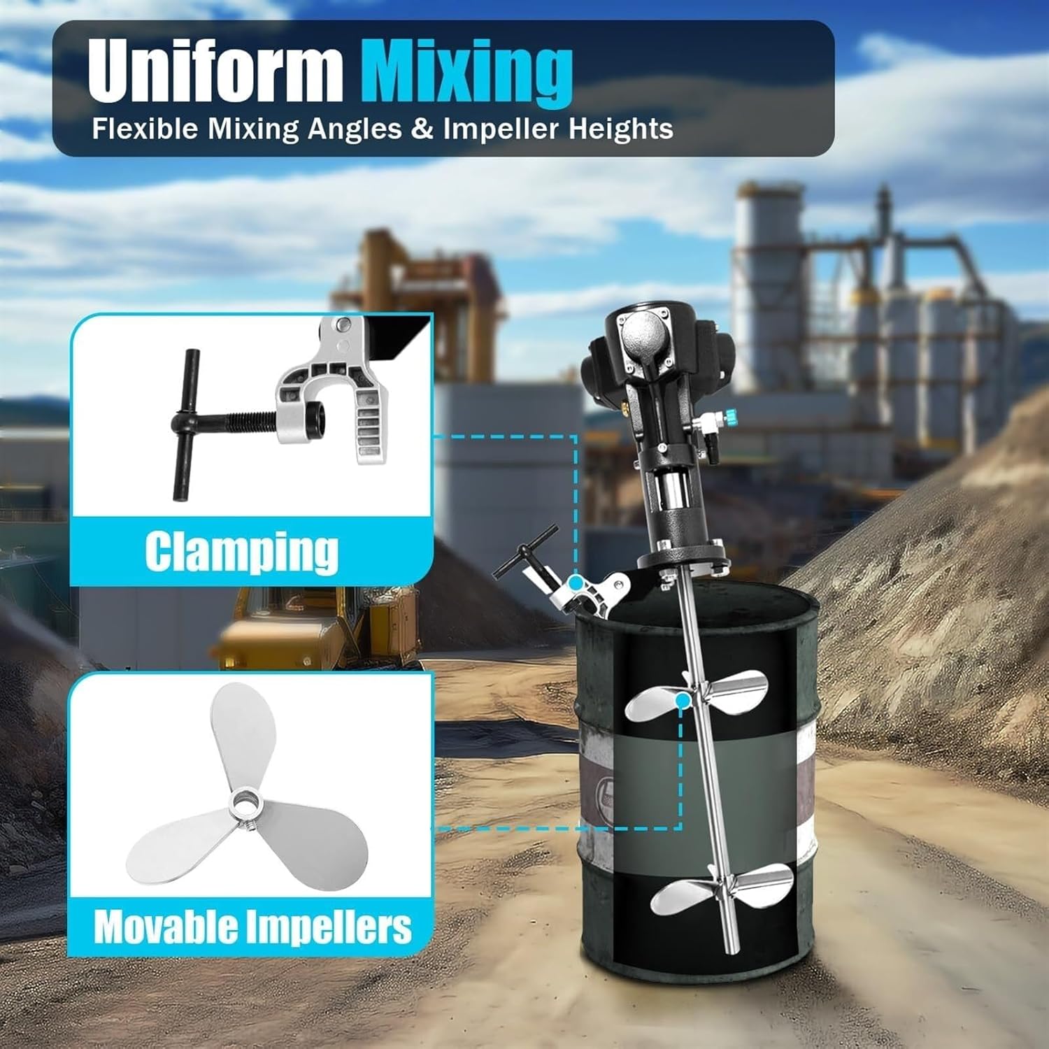 50 Gallon Pneumatic Paint Mixer, Clamp Mount Tank Barrel Drum Mixe, Pneumatic Automatic Mixer Machine, Torque 0-64N.m, Speed 2500RPM, for Ink Coating Mixing Tool