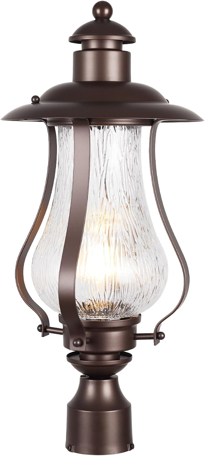 Treekee Outdoor Post Light Fixture, Vintage Brown Pole Lantern with Wood Grain Glass, Farmhouse Exterior Post Lamp with E26 Socket for Garden, Pathway, Patio, Porch, Courtyard, Driveway, Street