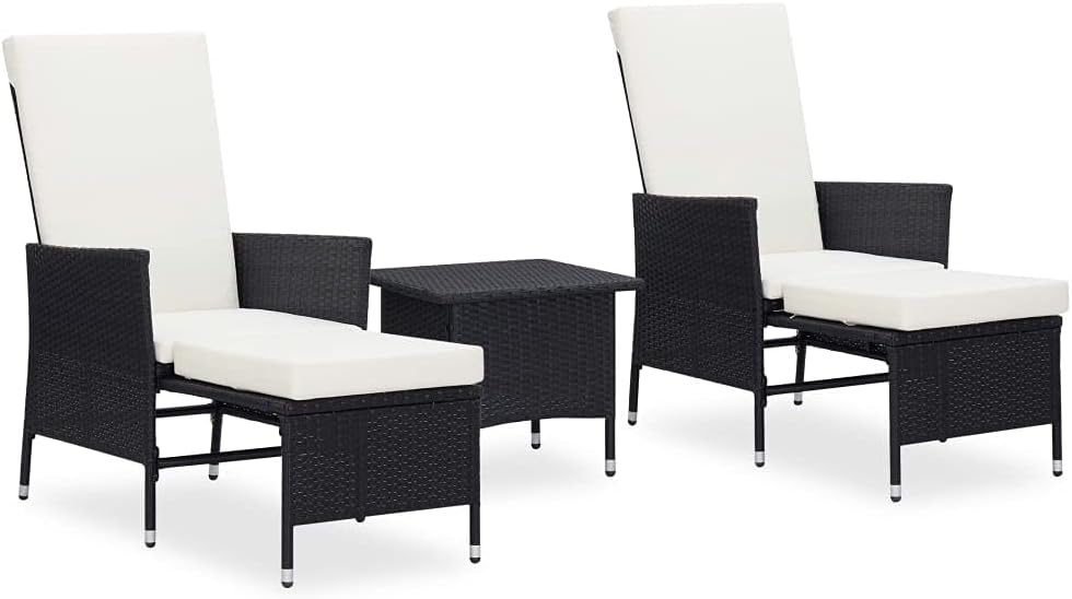 3 Piece Patio Lounge Set with Cushions Poly Rattan Black,AllWeather Patio Lounge Set with Rattan Frame, Adjustable Backrest, and Removable Cushions Patio Furniture Sets, Outdoor Furniture Sets