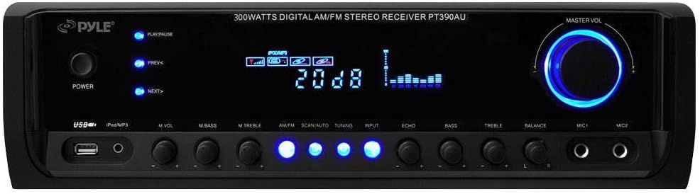 Pyle 300W 4-Channel Home Audio Power Amplifier - Stereo Receiver with USB/ RCA/ AUX/ 2 Mic Inputs w/ Echo/ LED/ EQ/ Digital Display/ Remote - For PA - iPhone - Karaoke - Home Entertainment - PT390AU