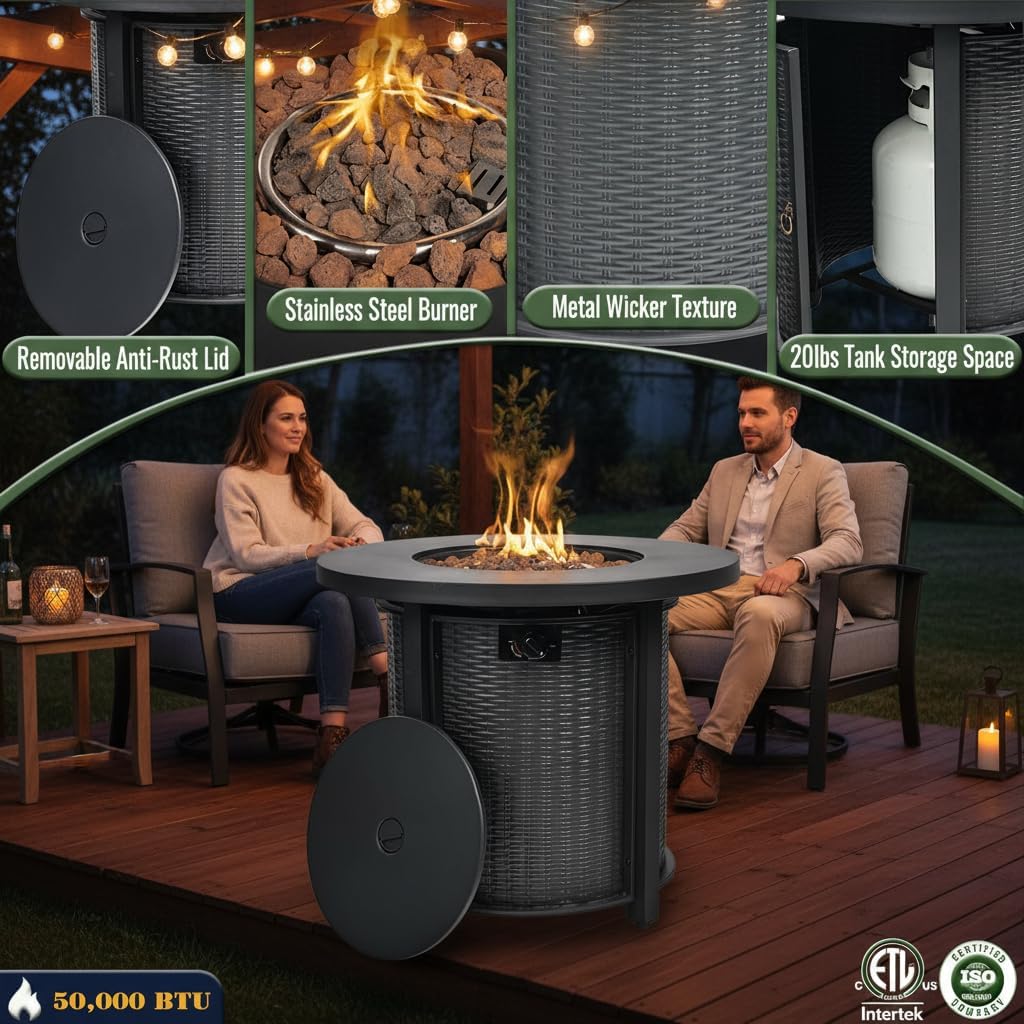 Outdoor Living 30-Inch Round Propane Fire Pit Table, 50000 BTU, Black Steel Construction, Hidden Tank Storage, Electronic Ignition, Includes Lava Rocks for Patio Garden