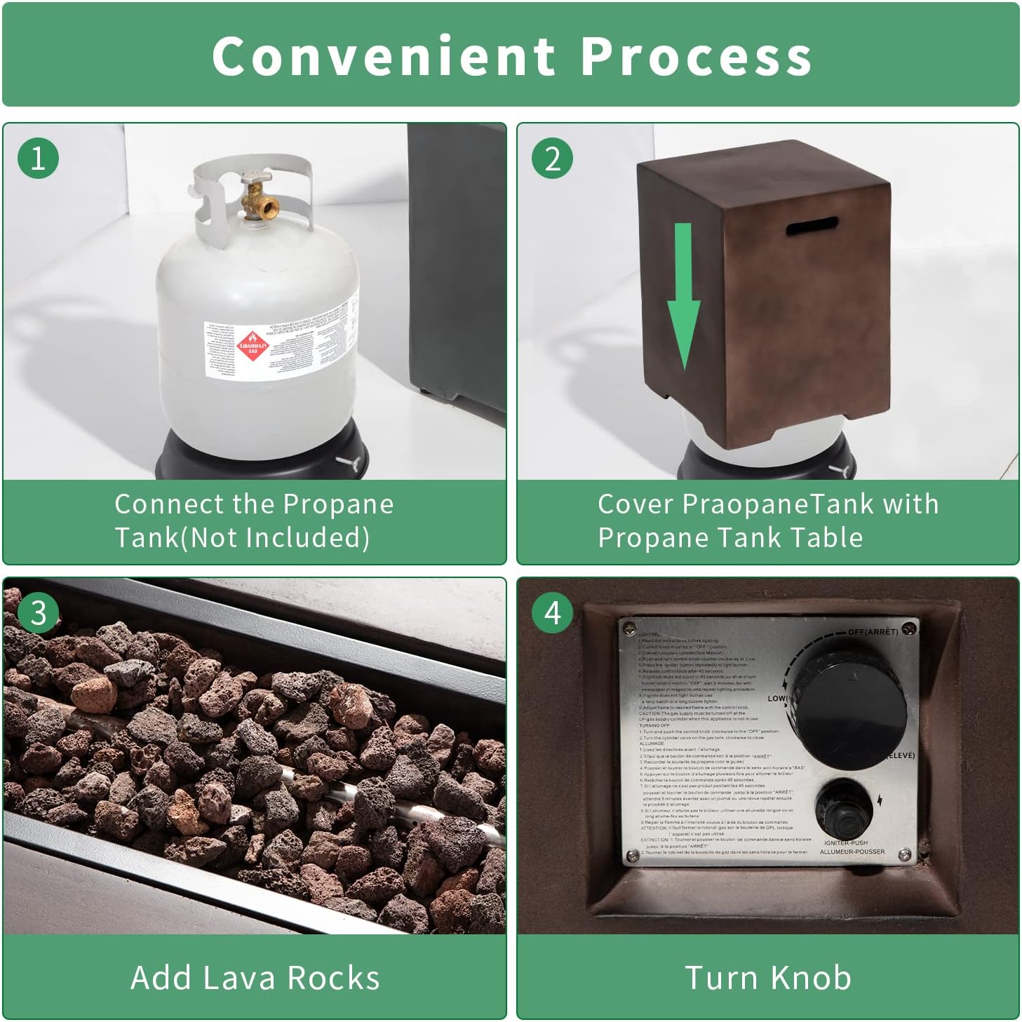 Patio Propane Gas Fire Table w 20lb Tank, 50,000 BTU Outdoor Rectangle Fire Pit, Concrete-Like Finish with Lava Rocks, Rain Cover, 56x29inches, Bronze