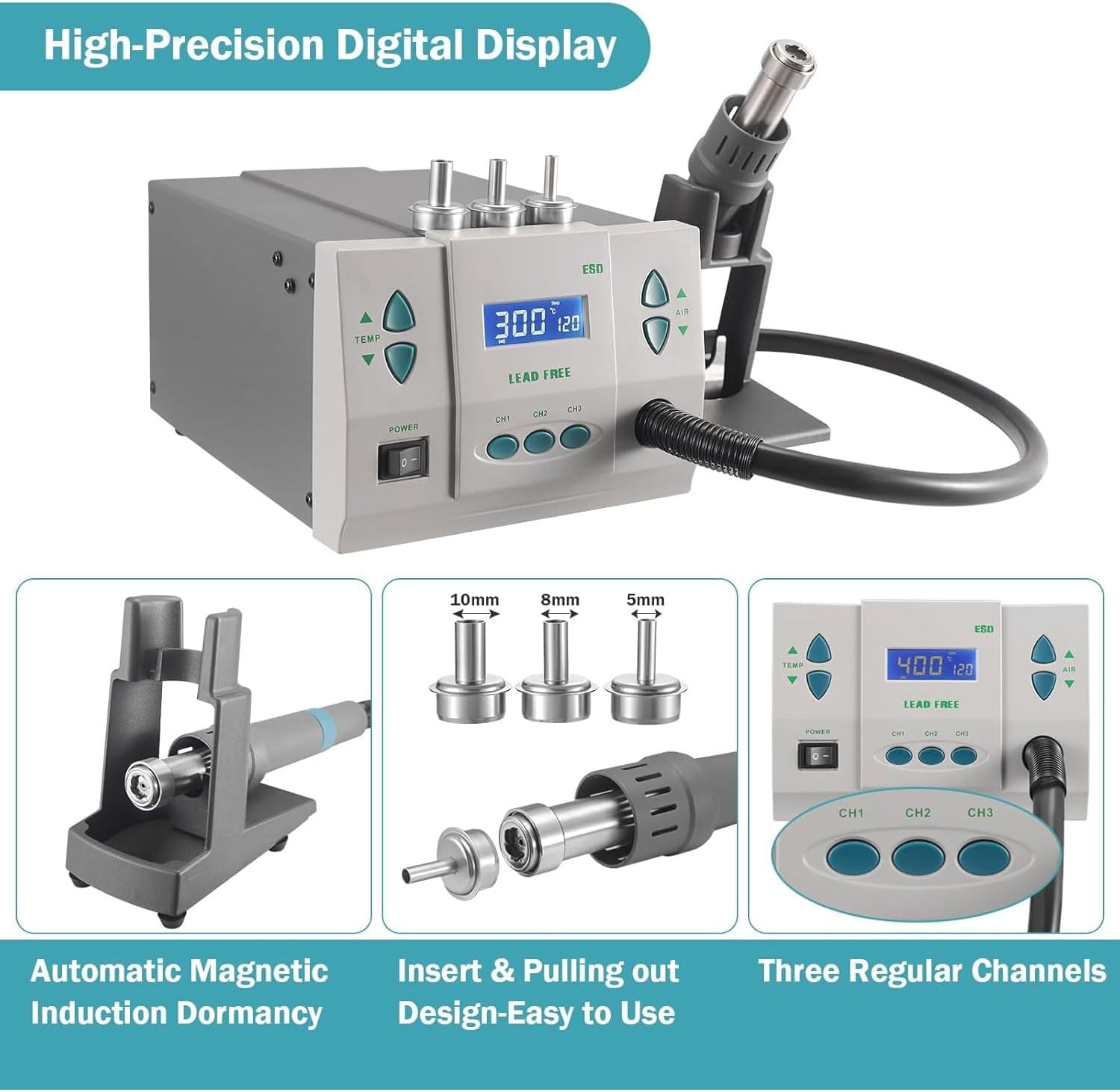250cm/s hot air welding station, 1000W industrial-grade rework station, with LCD display, brushless DC eddy current fan,for electronic product repair and desoldering