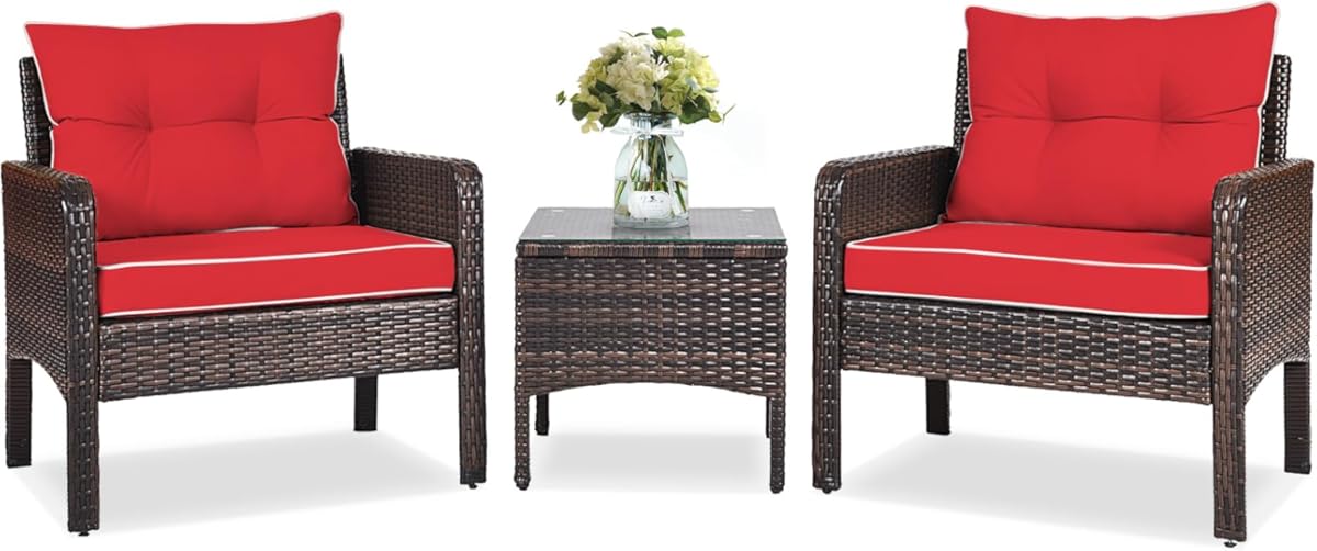 RELAX4LIFE 3-Piece Patio Furniture Set, PE Rattan Wicker Outdoor Conversation Set w/Glass Top Coffee Table & Thick Cushions for Deck Porch Balcony Garden, Bistro Table and Chairs Set of 2 (Red)